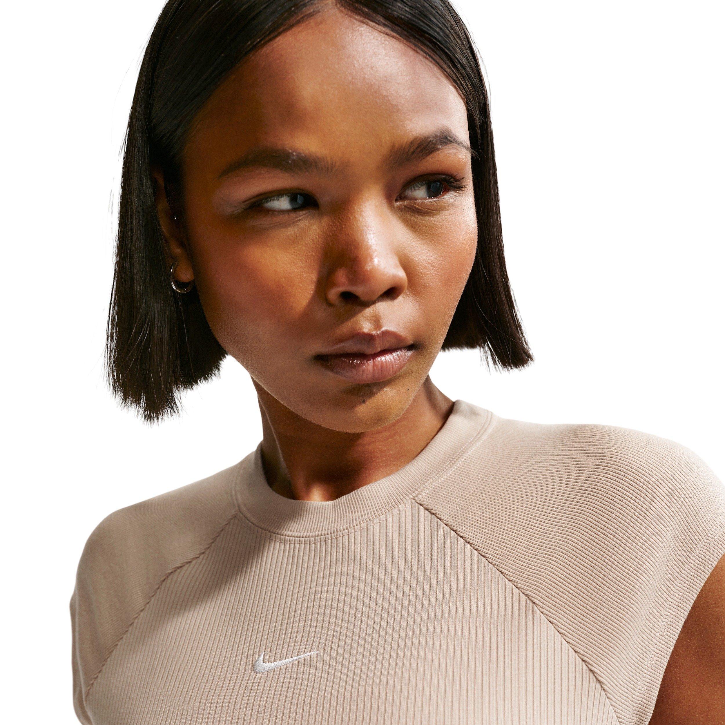 Nike Women's Sportswear Chill Knit Tight Short-Sleeve Ribbed Top - TAN Thumbnail View 5