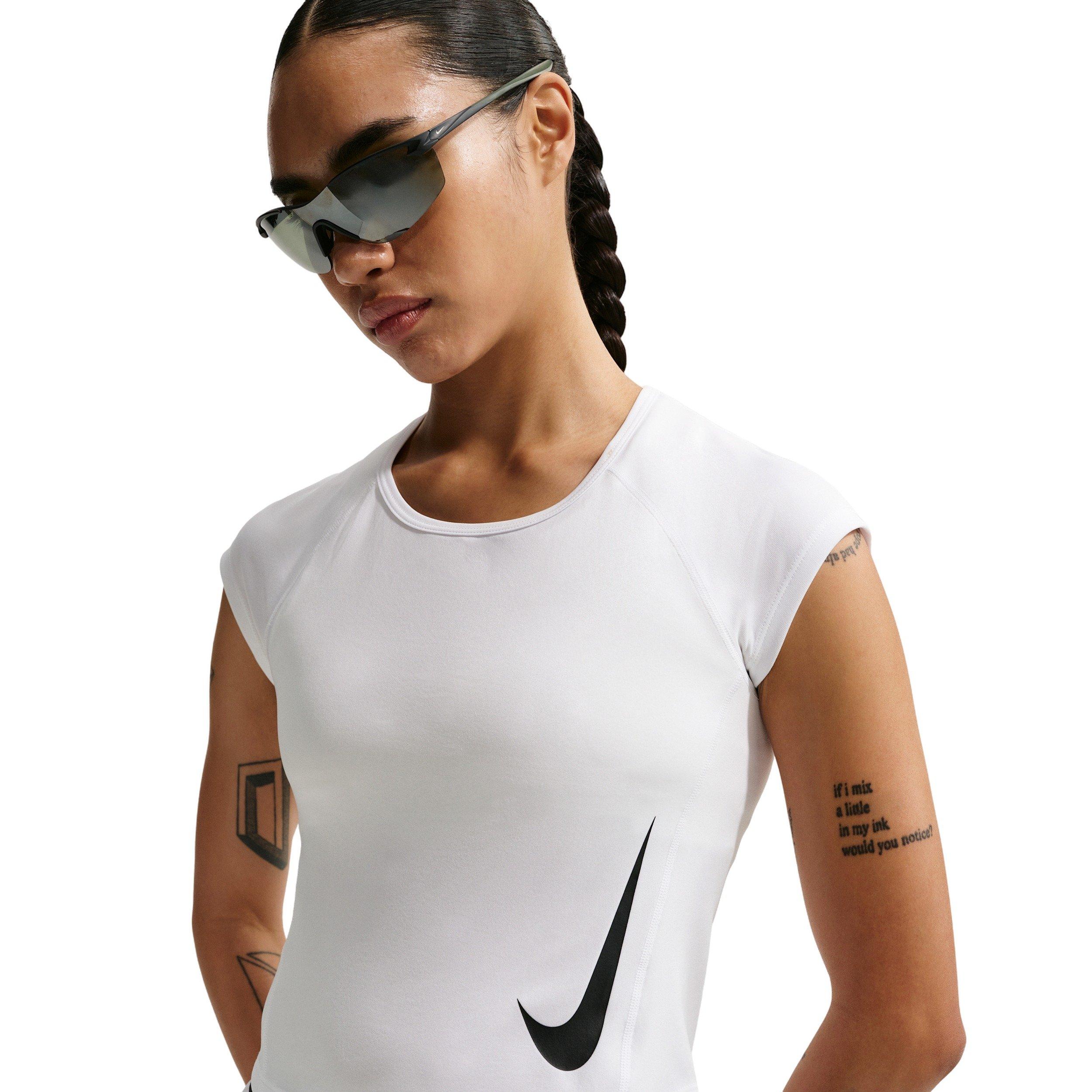 Nike Women's Tempo Swoosh Dri-FIT Cap-Sleeve Running Top - White/Black - WHITE/BLACK Thumbnail View 3