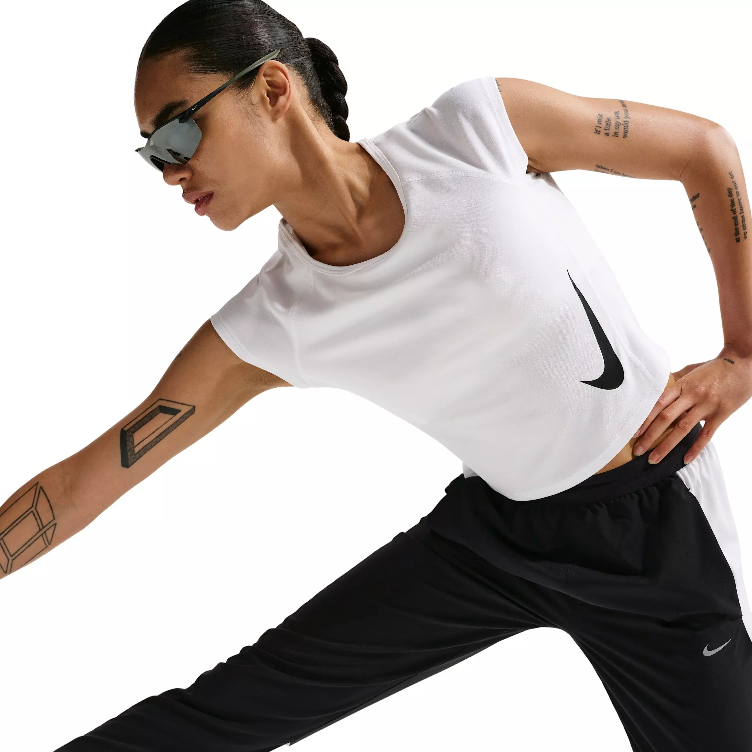 Nike Women's Tempo Swoosh Dri-FIT Cap-Sleeve Running Top - White/Black - WHITE/BLACK