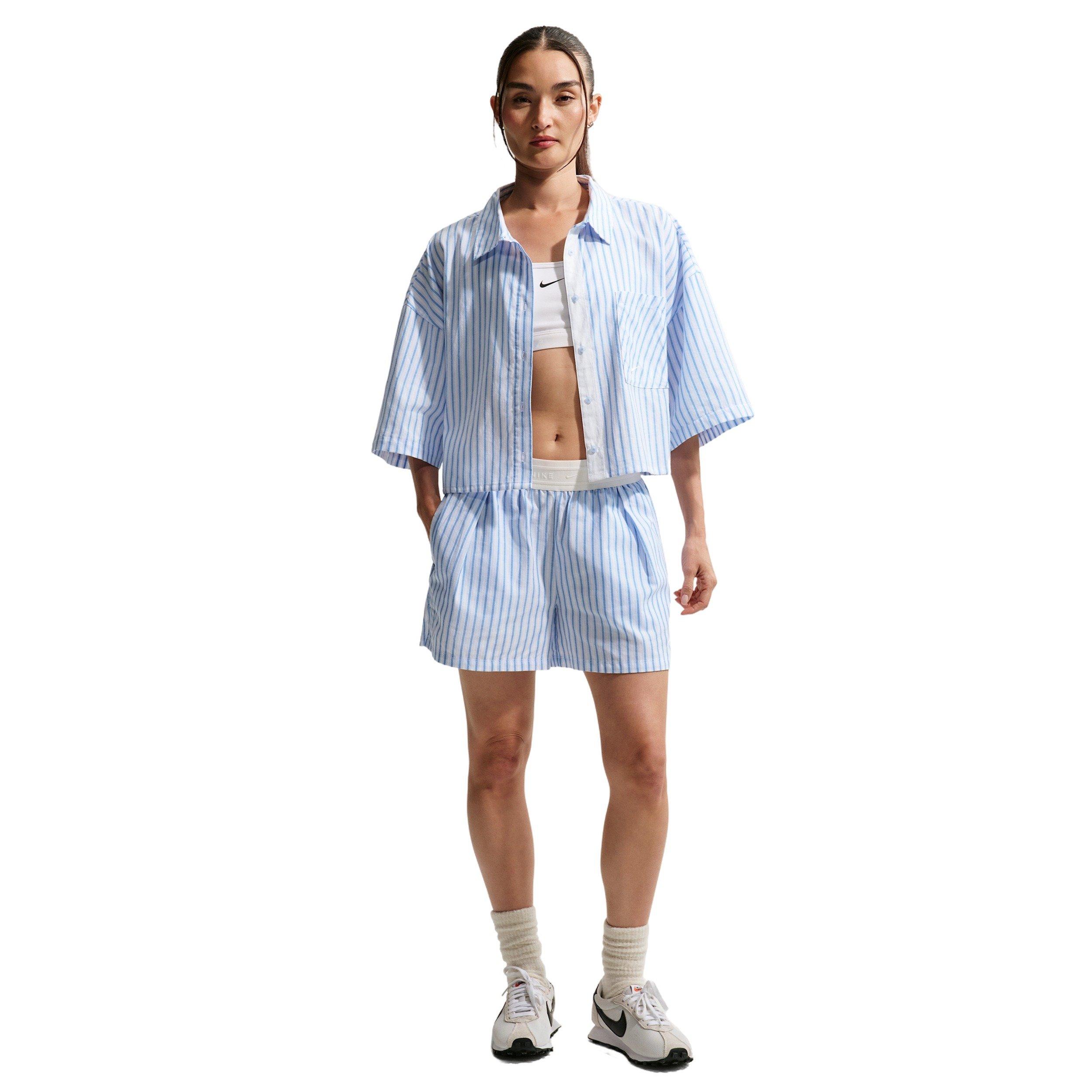 Nike Women's Sportswear Chill Poplin Oversized Striped Top - LT BLUE/WHITE