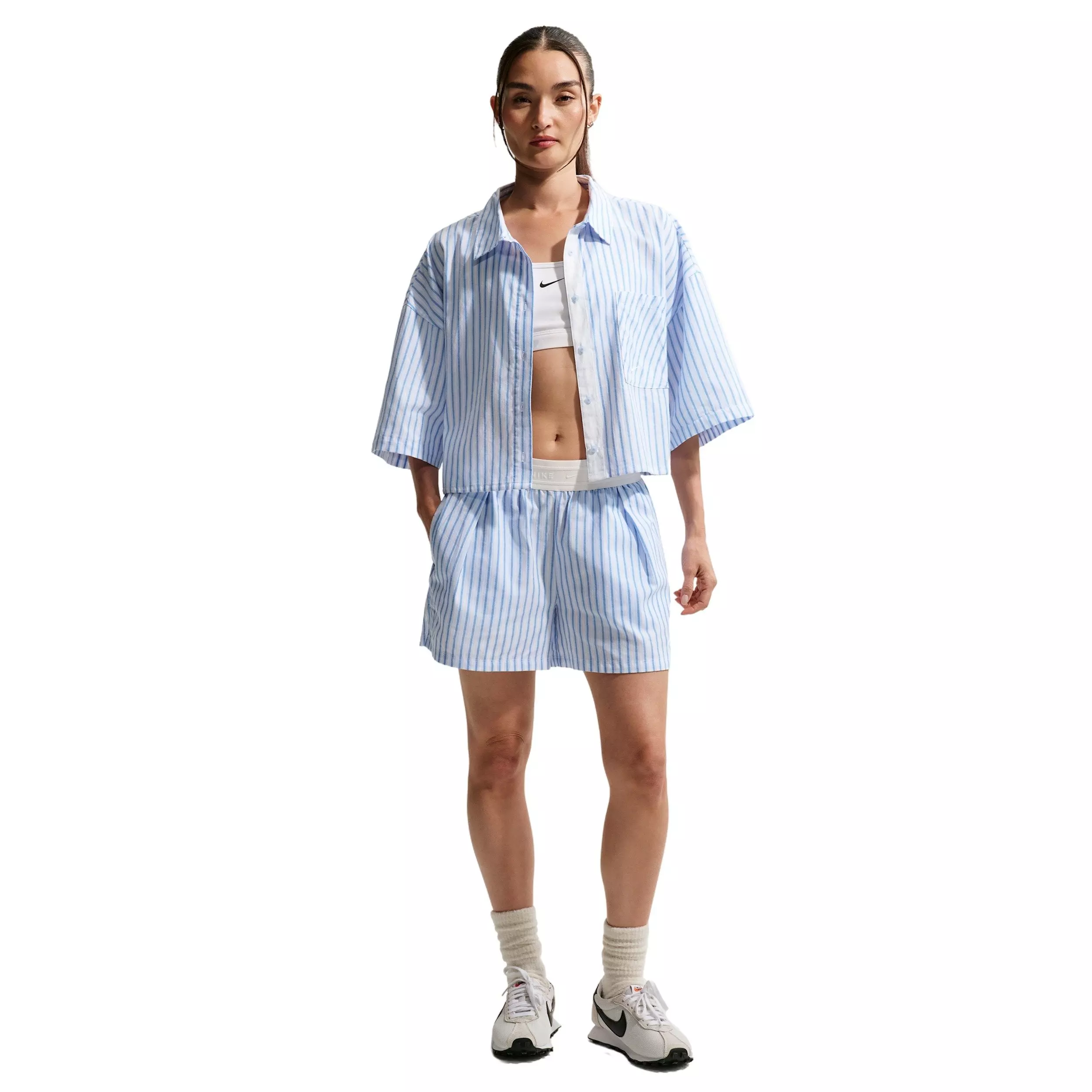 Nike Women's Sportswear Chill Poplin Oversized Striped Top - LT BLUE/WHITE