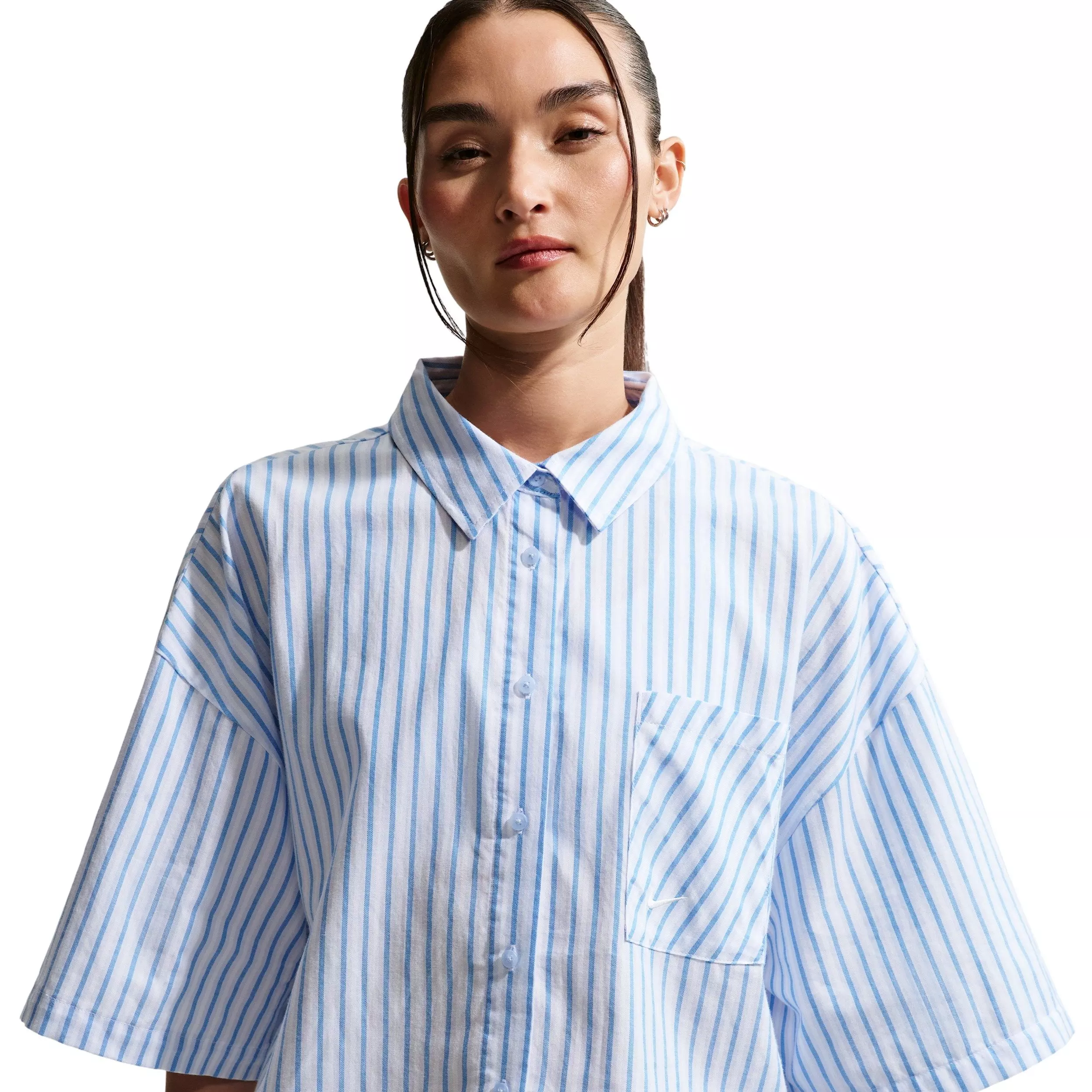 Nike Women's Sportswear Chill Poplin Oversized Striped Top - LT BLUE/WHITE