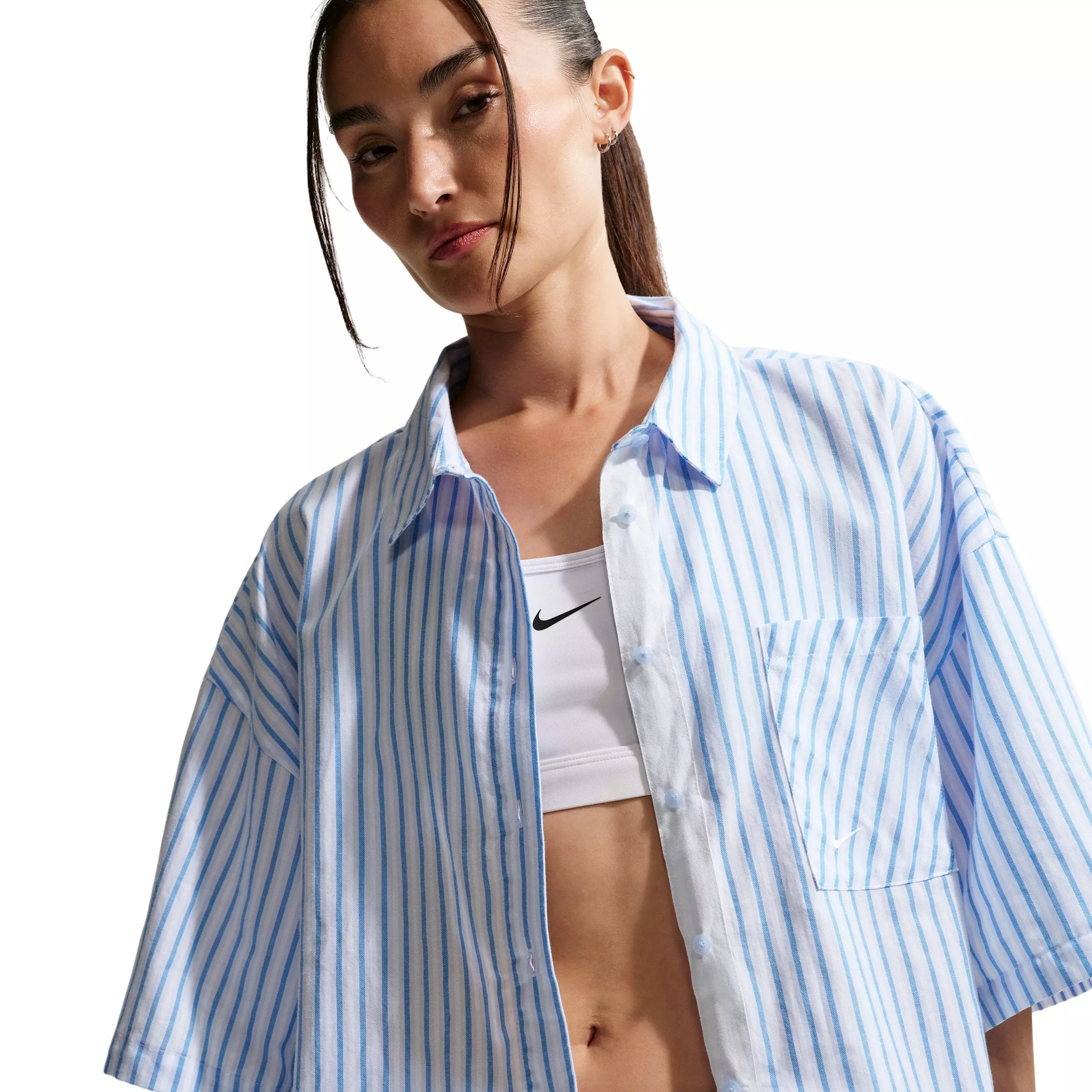 Nike Women's Sportswear Chill Poplin Oversized Striped Top - LT BLUE/WHITE