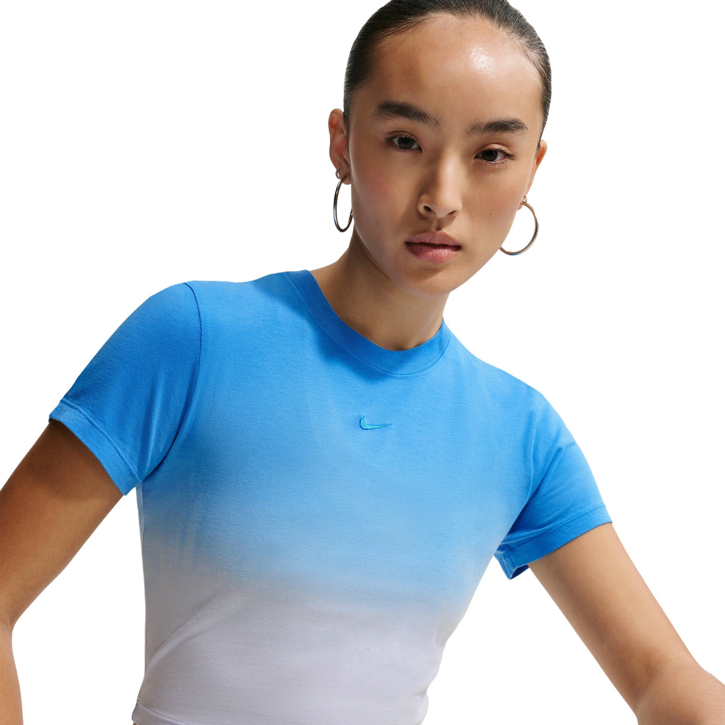 Nike Women's Sportswear Chill Knit Dip Dye Slim Cropped T-Shirt - BLUE Thumbnail View 3