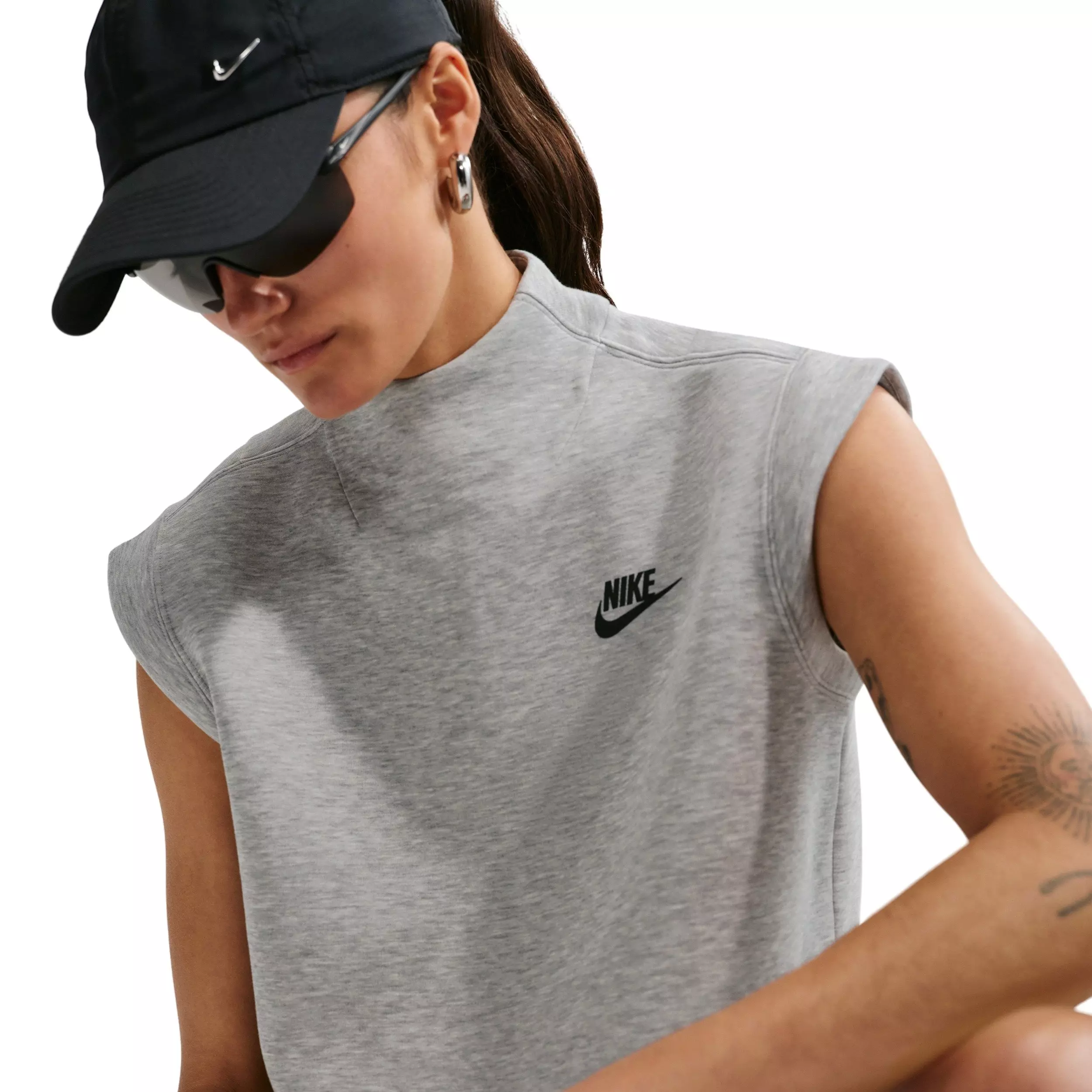 Nike Women's Sportswear Tech Fleece Short-Sleeve Top - GREY/BLACK