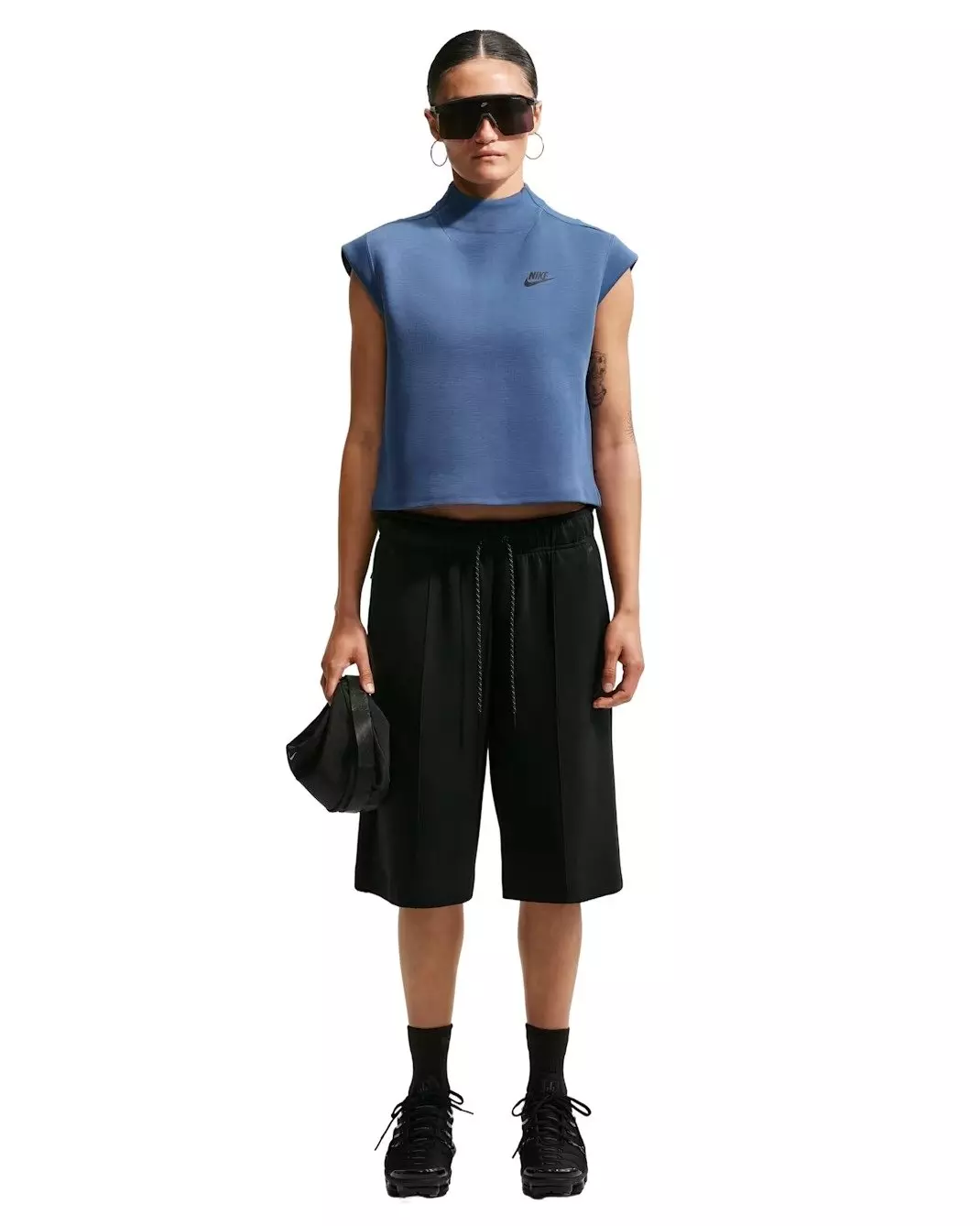 Nike Women's Sportswear Tech Fleece Short-Sleeve Top - NAVY/BLACK