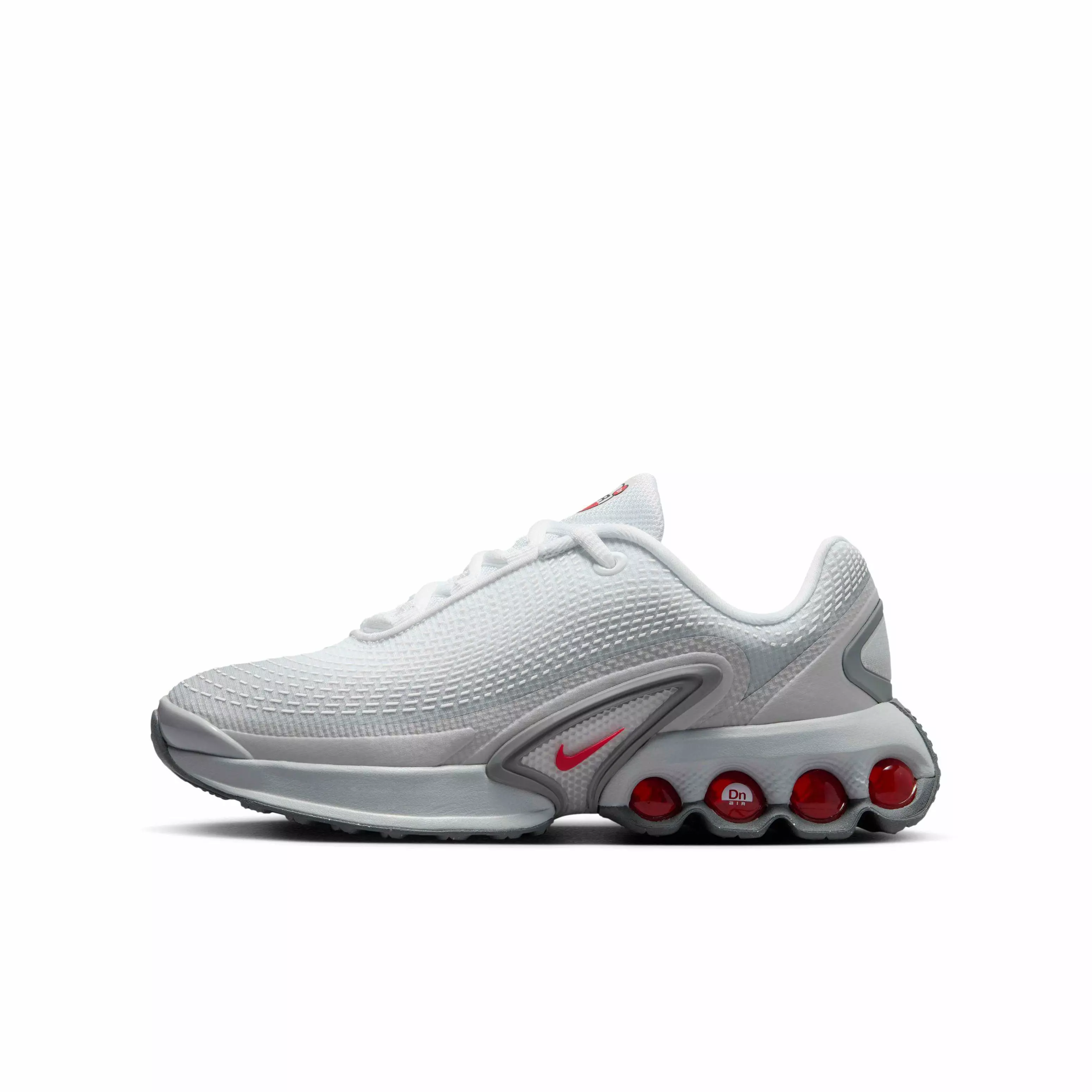 Nike Air Max Dn "Light Smoke Grey/White/Smoke Grey/University Red" Grade School Boys' Shoe - LT GREY/WHITE/GREY/RED