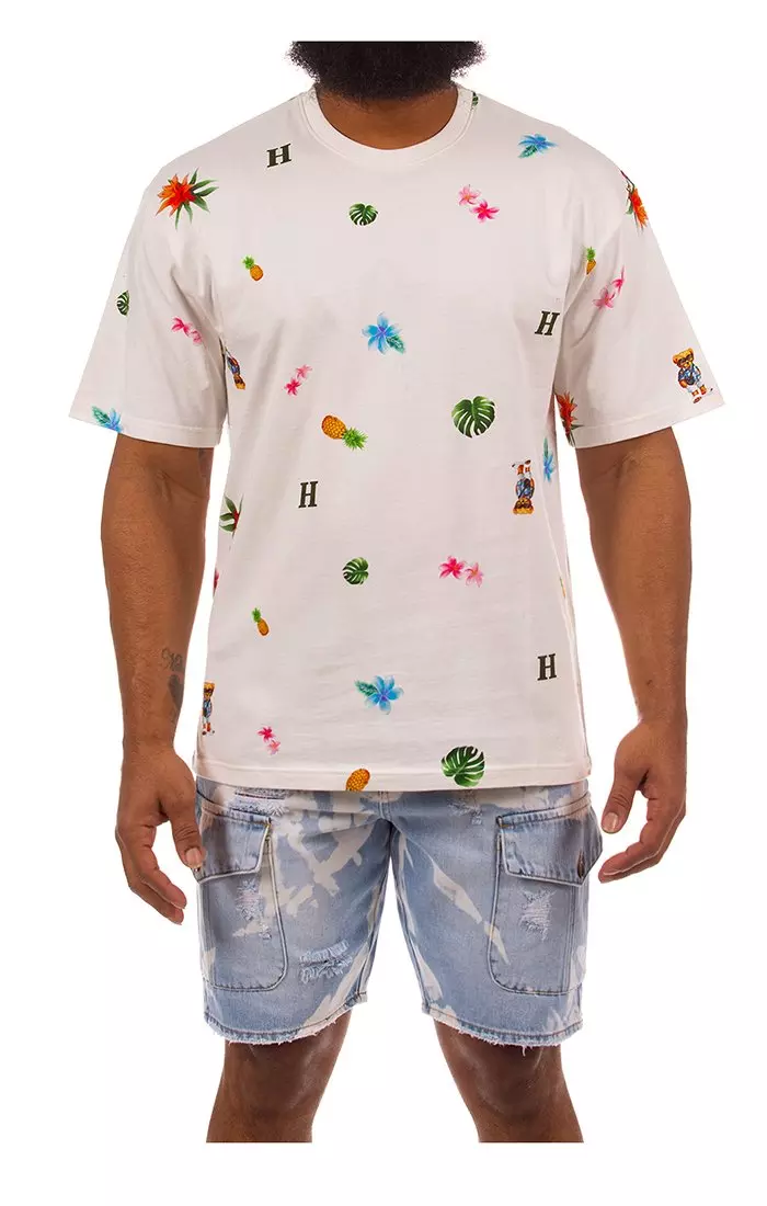 Hustle Gang Men's Pineapple Leaves Short Sleeve T-Shirt - White - WHITE