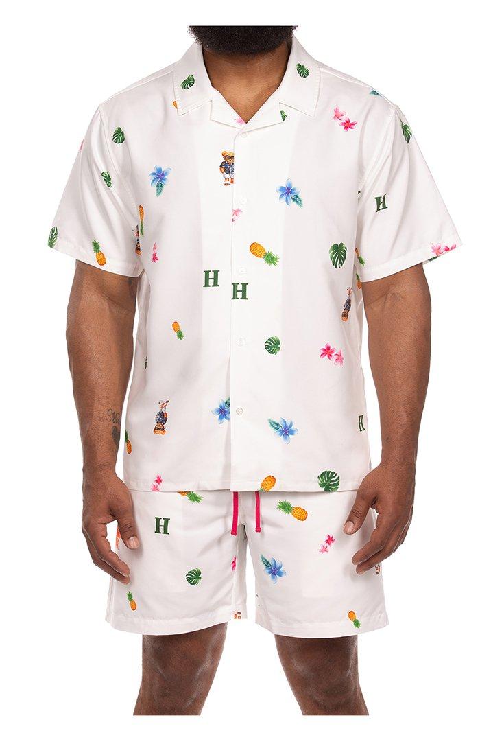 Hustle Gang Men's Tropic Leaves Woven Shirt - White - WHITE Thumbnail View 1