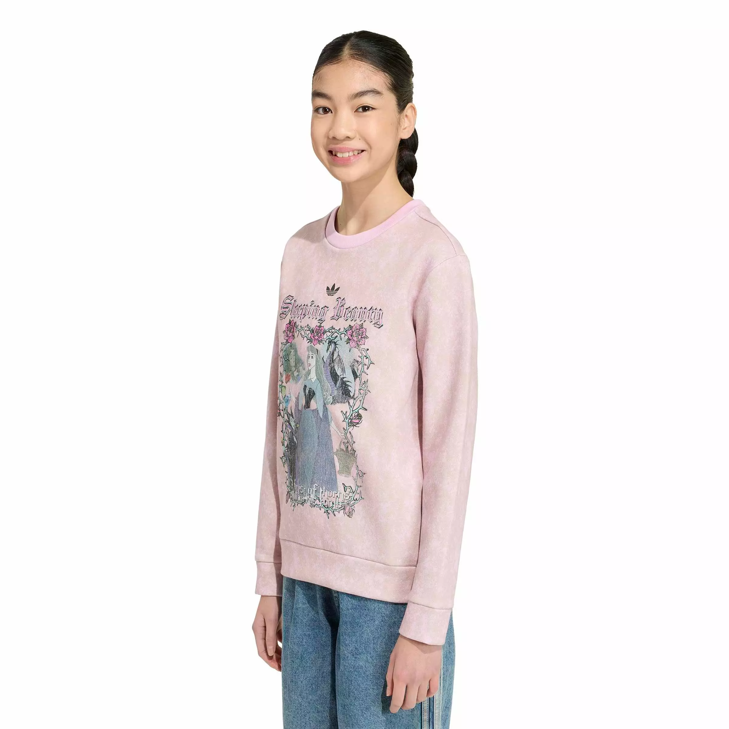 adidas Originals Big Girls' Disney Villains Loose Washed GFX Crew Sweatshirt - Orchid Fusion - ORCHID FUSION