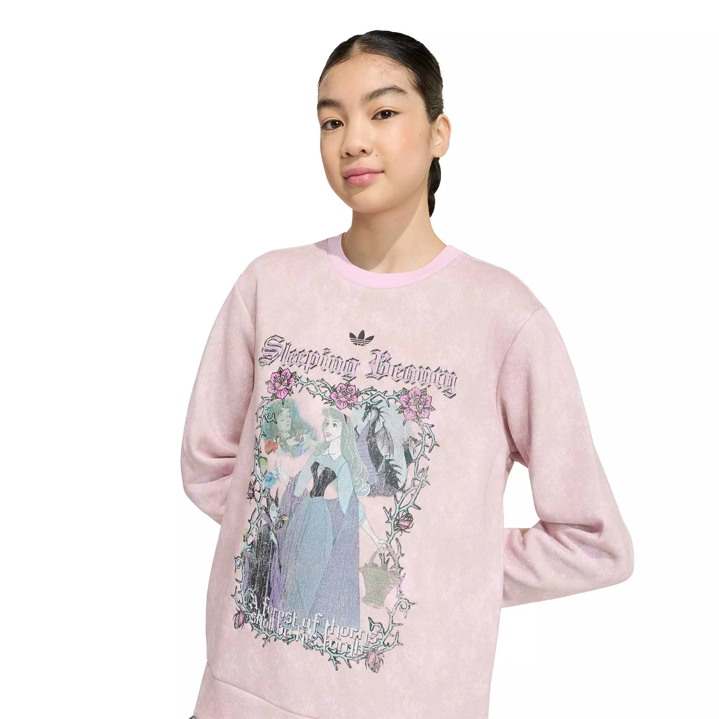 adidas Originals Big Girls' Disney Villains Loose Washed GFX Crew Sweatshirt - Orchid Fusion - ORCHID FUSION