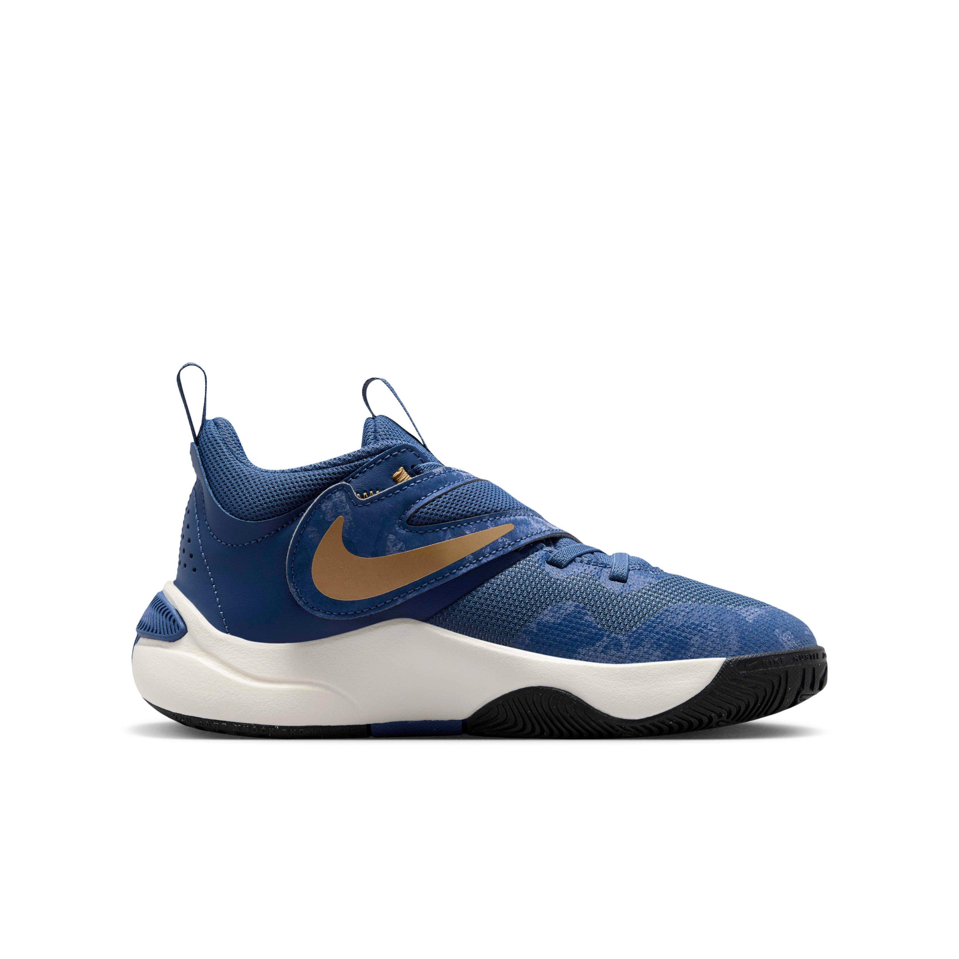 Nike Team Hustle D 11 "Mystic Navy/Pale Ivory/Metallic Gold/Black" Grade School Boys' Basketball Shoe - NAVY/IVORY/GOLD/BLACK Thumbnail View 1