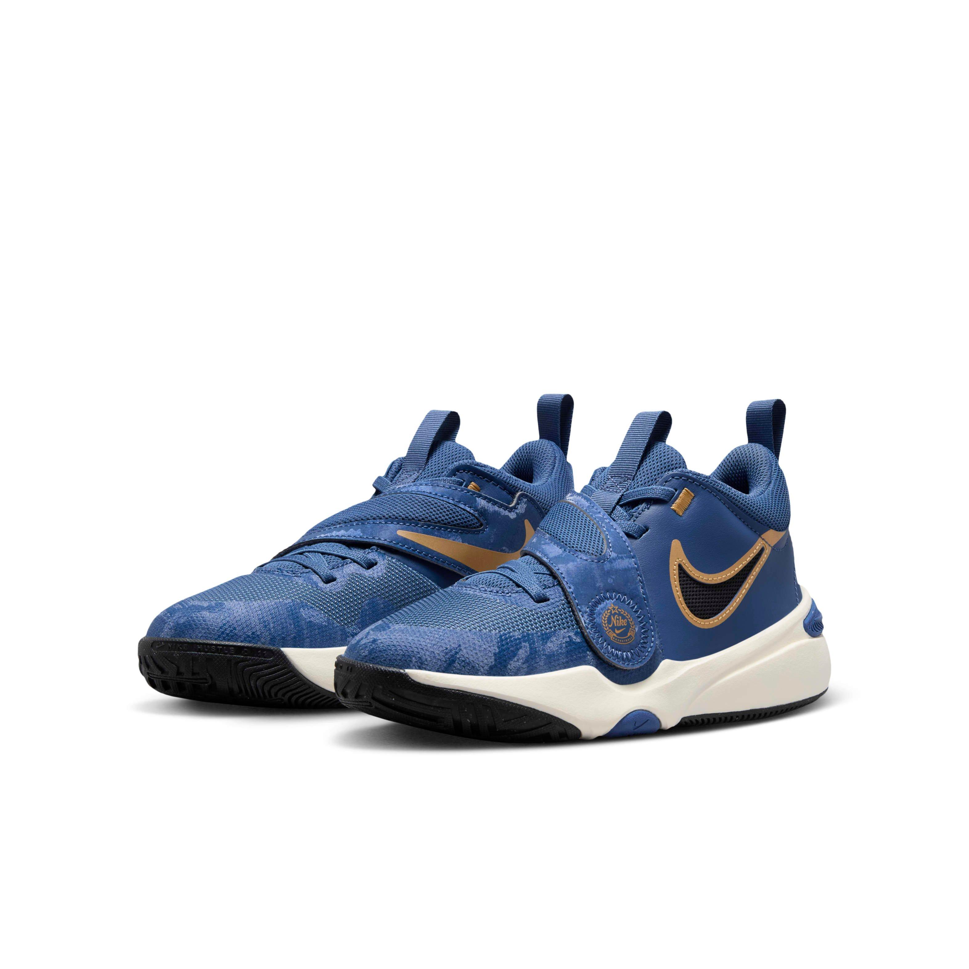 Nike Team Hustle D 11 "Mystic Navy/Pale Ivory/Metallic Gold/Black" Grade School Boys' Basketball Shoe - NAVY/IVORY/GOLD/BLACK Thumbnail View 3
