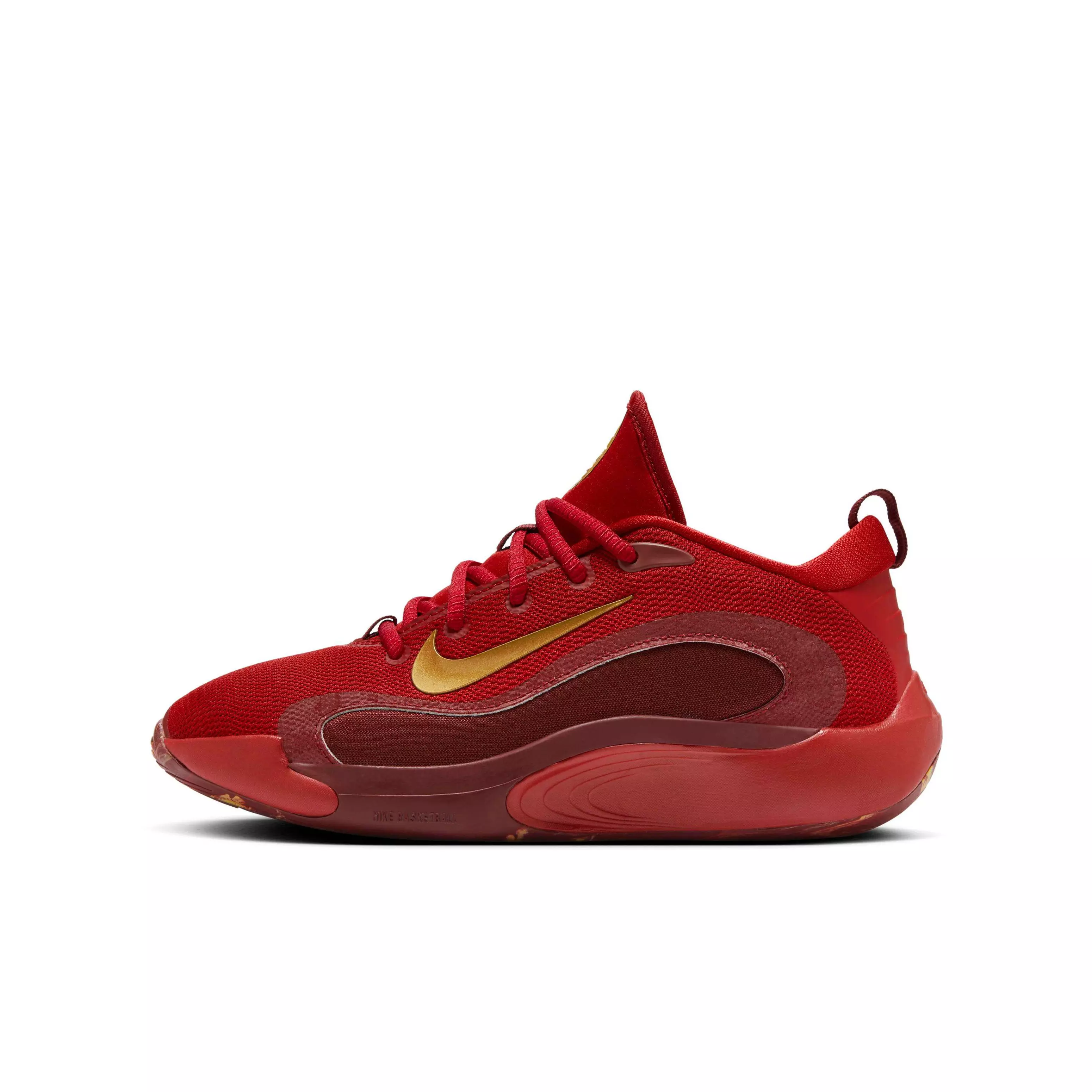 Nike IsoFly "Gym Red/Team Red/Dark Team Red/Metallic Gold" Grade School Boys' Basketball Shoe - RED/RED/DK RED/GOLD