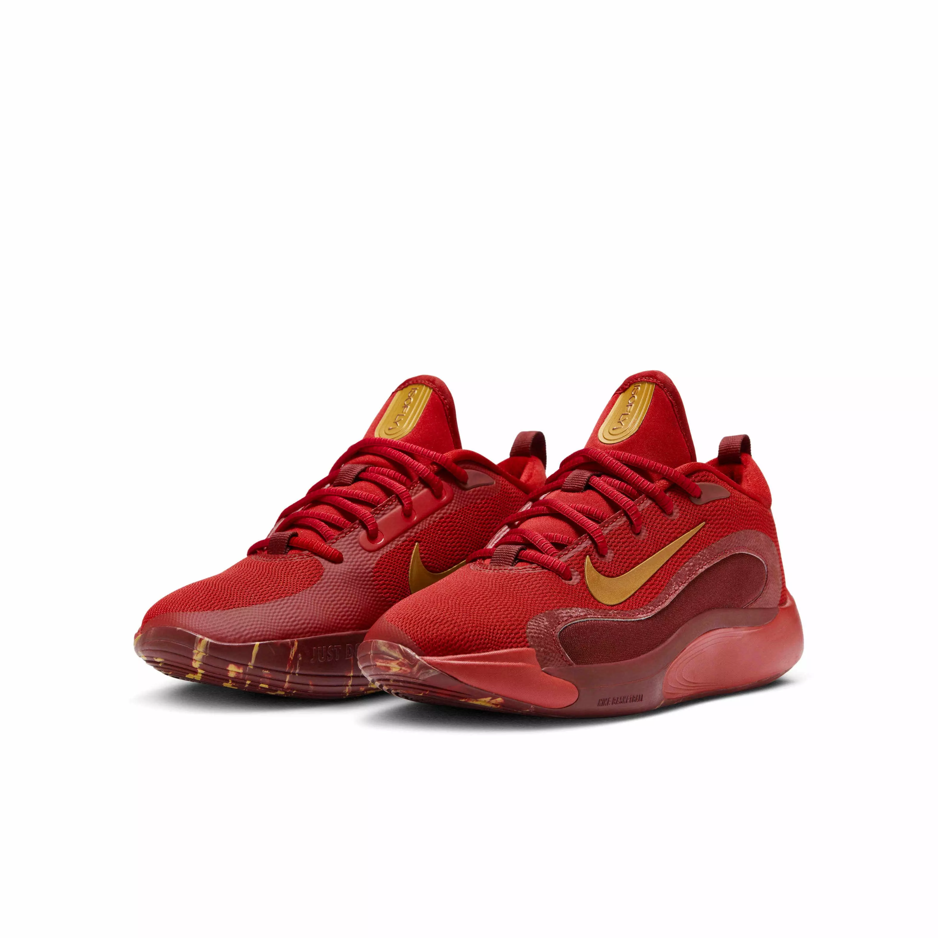 Nike IsoFly "Gym Red/Team Red/Dark Team Red/Metallic Gold" Grade School Boys' Basketball Shoe - RED/RED/DK RED/GOLD