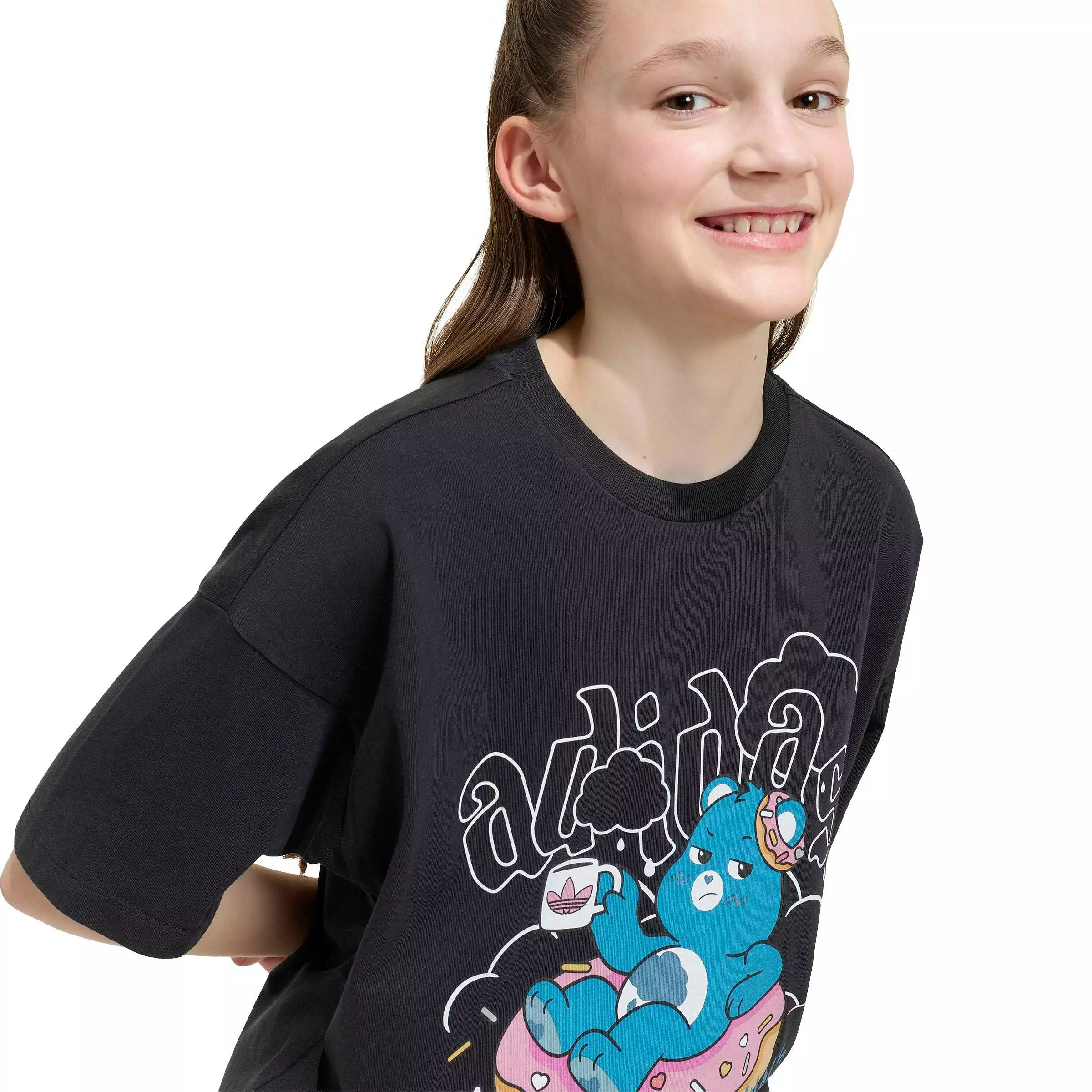 adidas Originals Big Girls' Care Bears Slim 3-Stripes Tee Shirt - Black - BLACK
