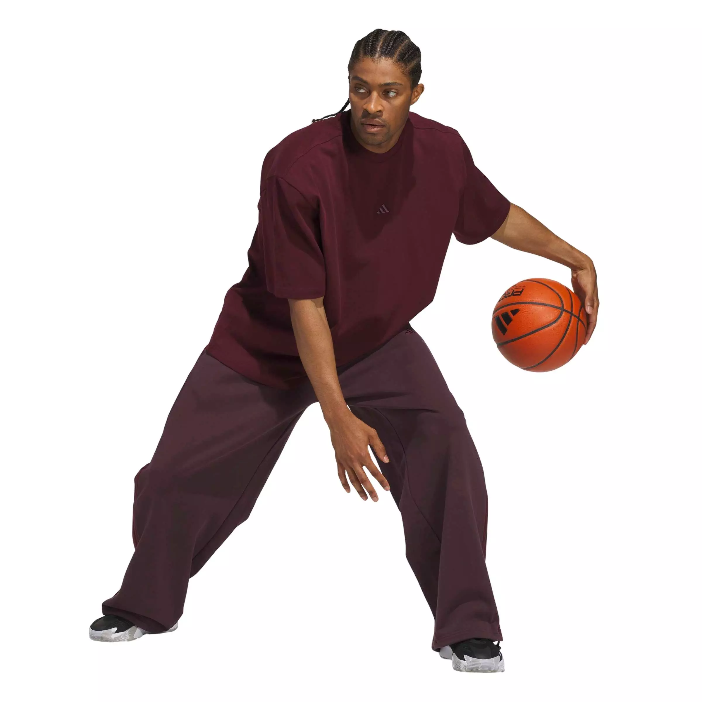 adidas Men's Basketball Fleece 3-Stripe Pants - Maroon - MAROON