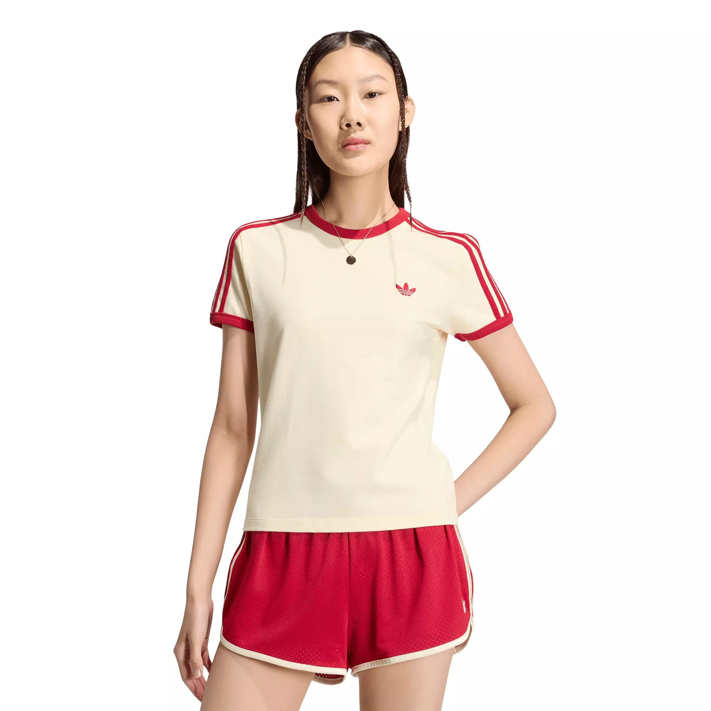 adidas Originals Women's 3-Stripes Slim T-Shirt - Cream/Red - CREAM/RED
