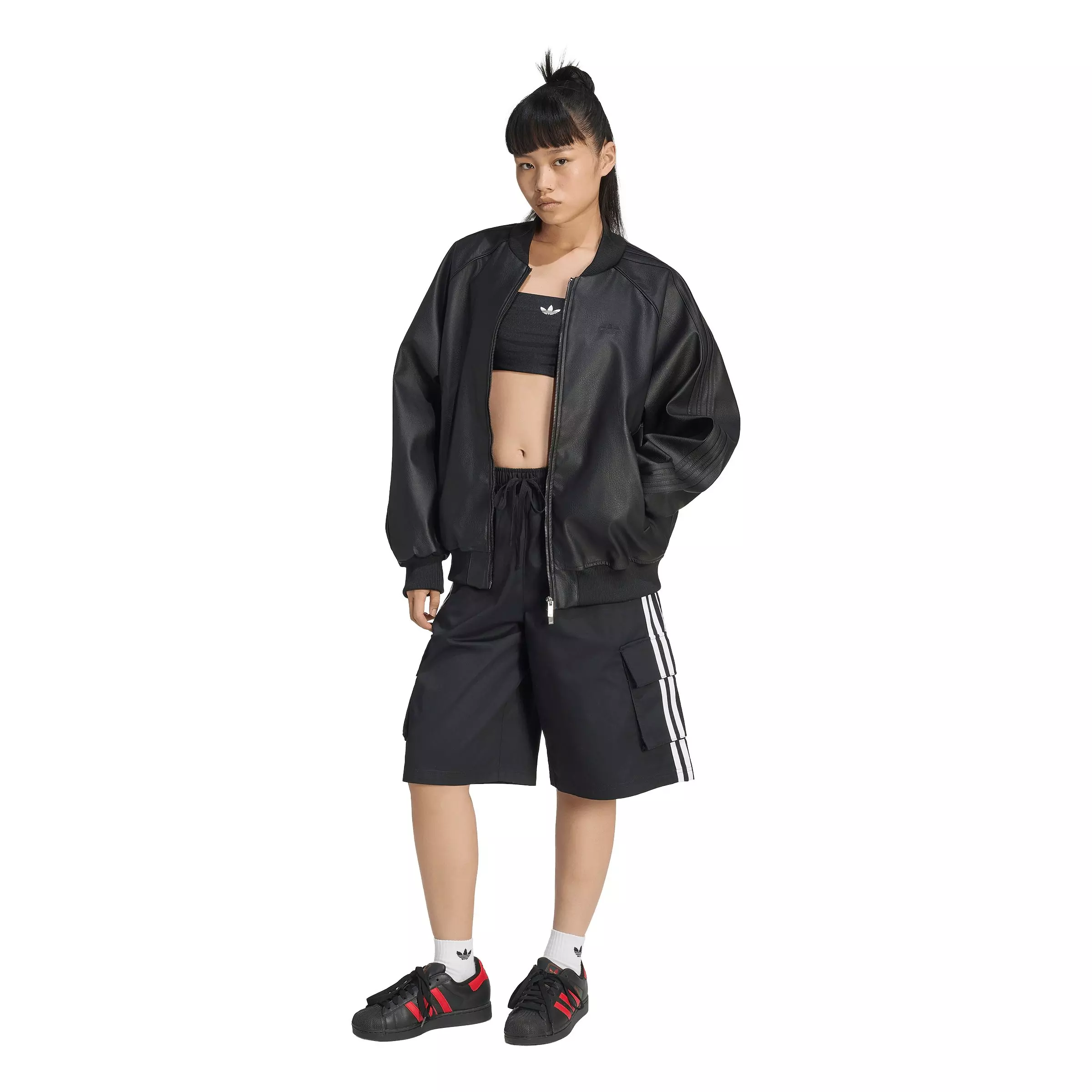 adidas Originals Women's Pleather Superstar Oversized Jacket - Black/Maroon - BLACK/MAROON