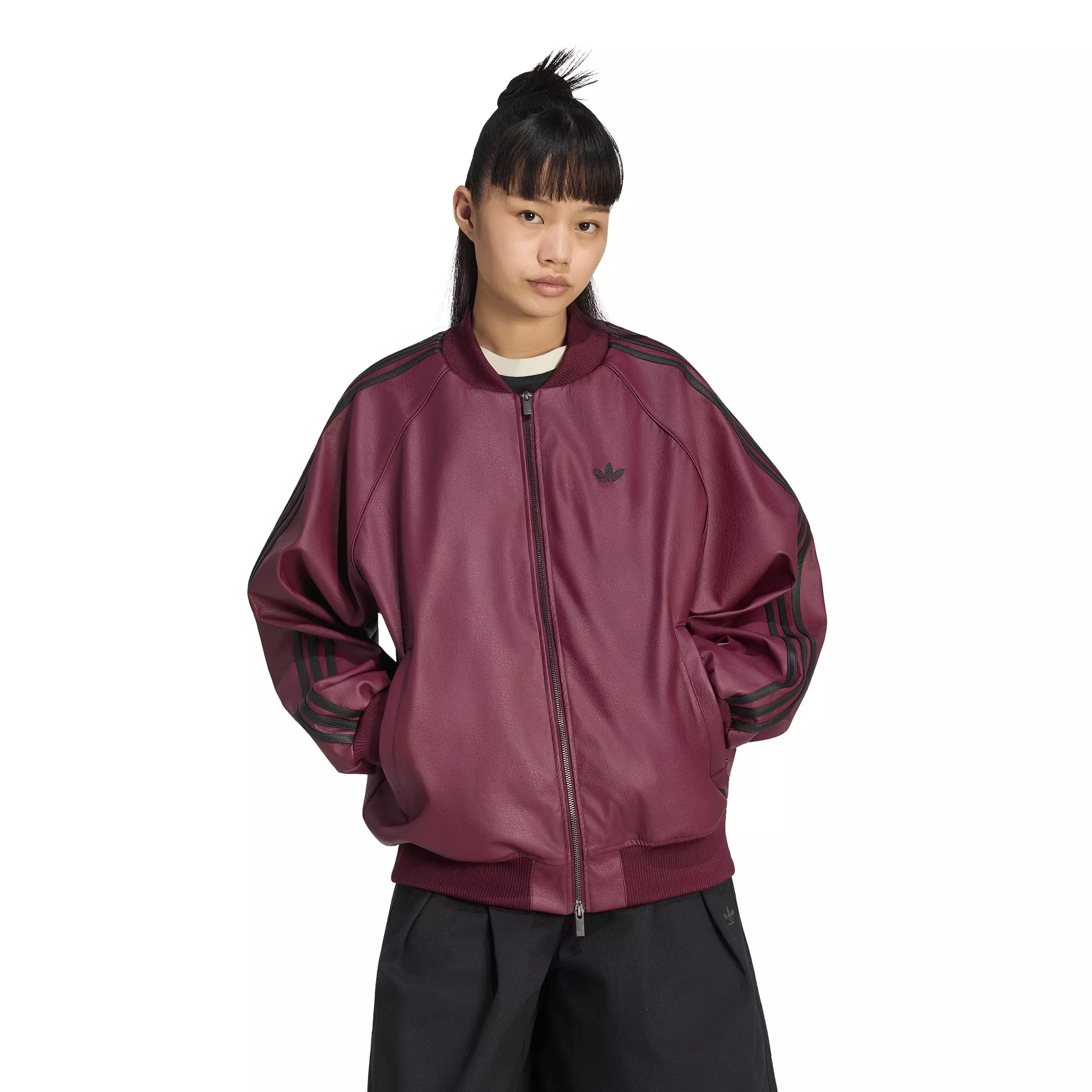 adidas Originals Women's Pleather Superstar Oversized Jacket - Maroon/Black - MAROON/BLACK