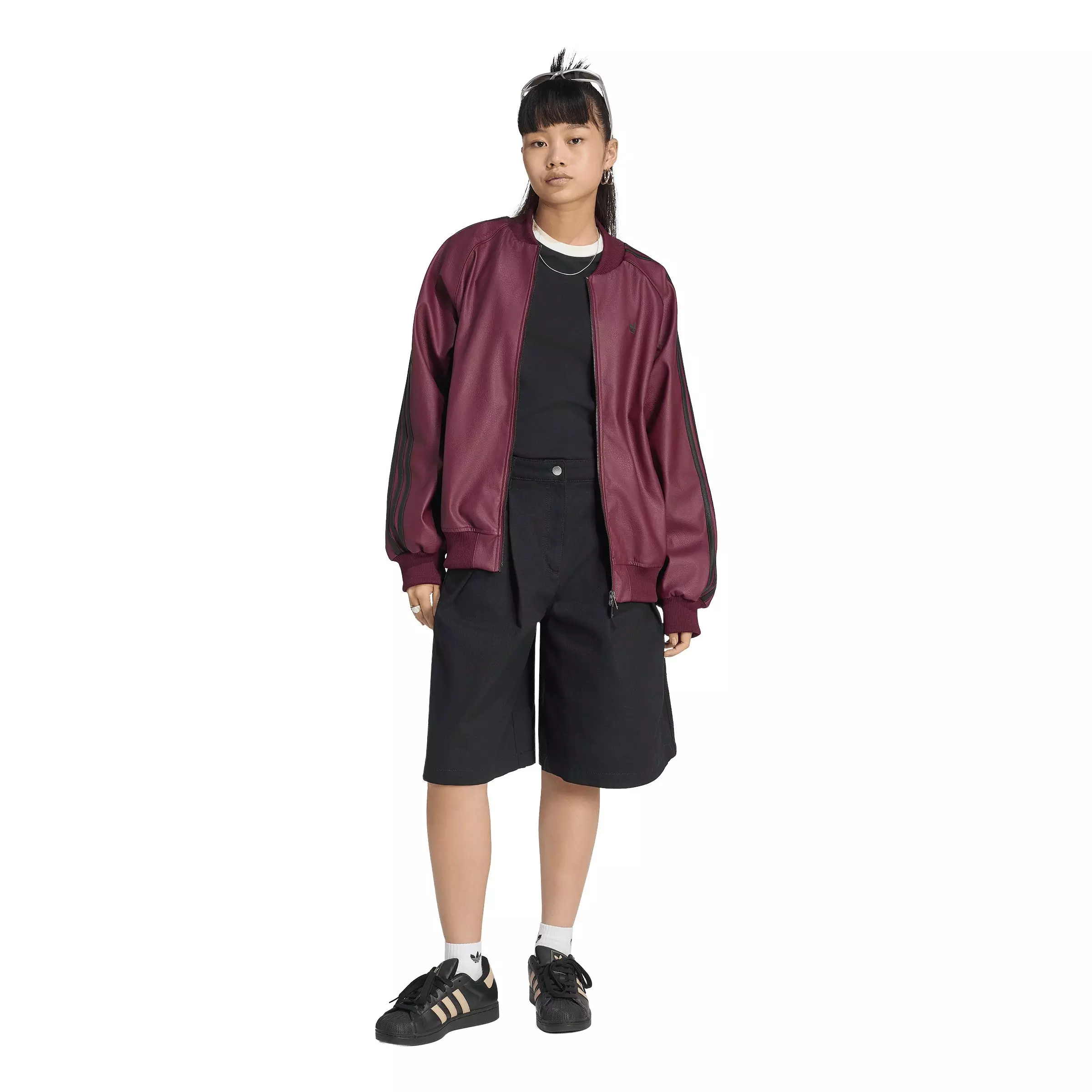 adidas Originals Women's Pleather Superstar Oversized Jacket - Maroon/Black - MAROON/BLACK