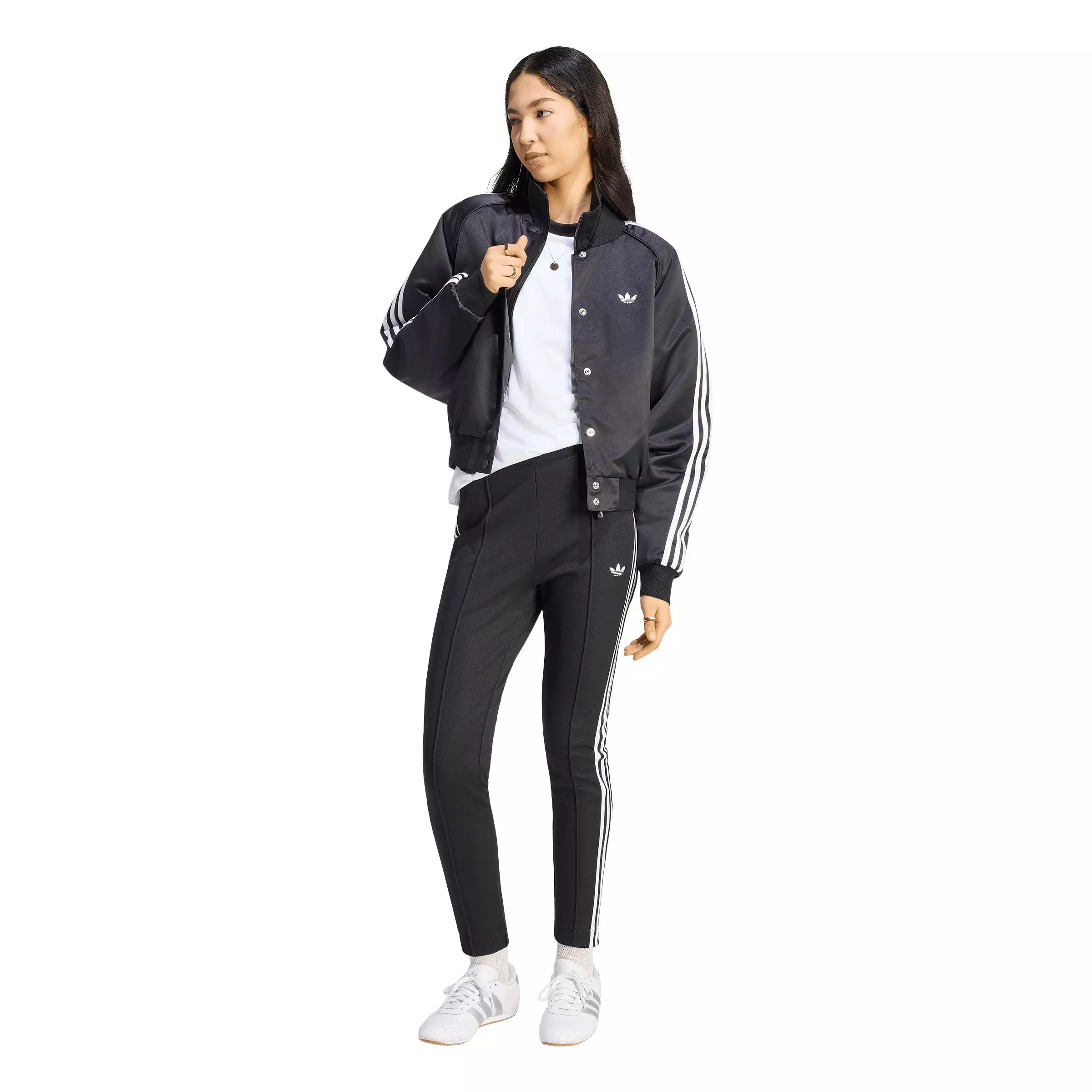 adidas Originals Women's Satin Bomber Jacket - Black/White/Grey - BLACK/WHITE/GREY