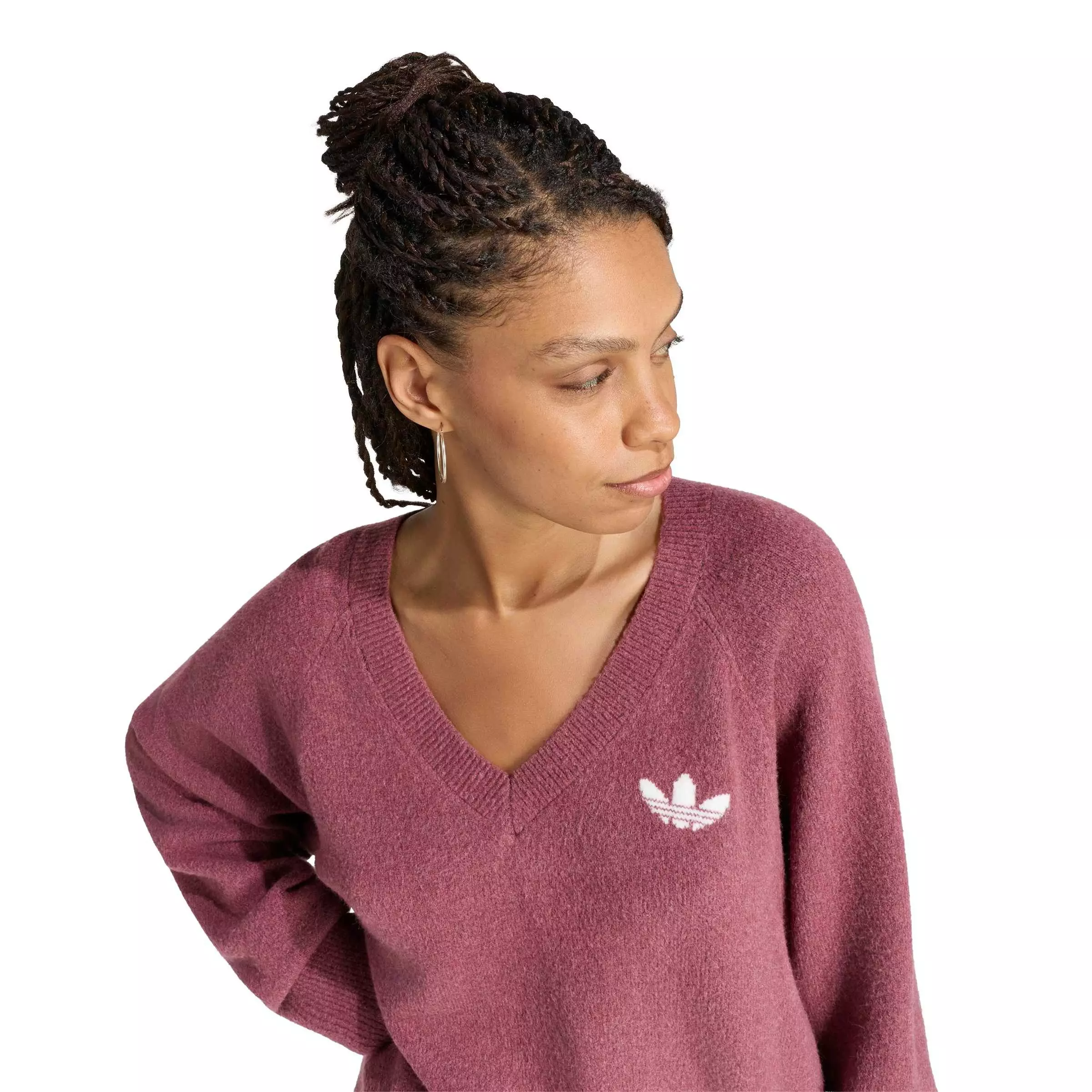 adidas Originals Women's Essentials Knit Long Sleeve V-Neck Sweater - Light Maroon - LIGHT MAROON