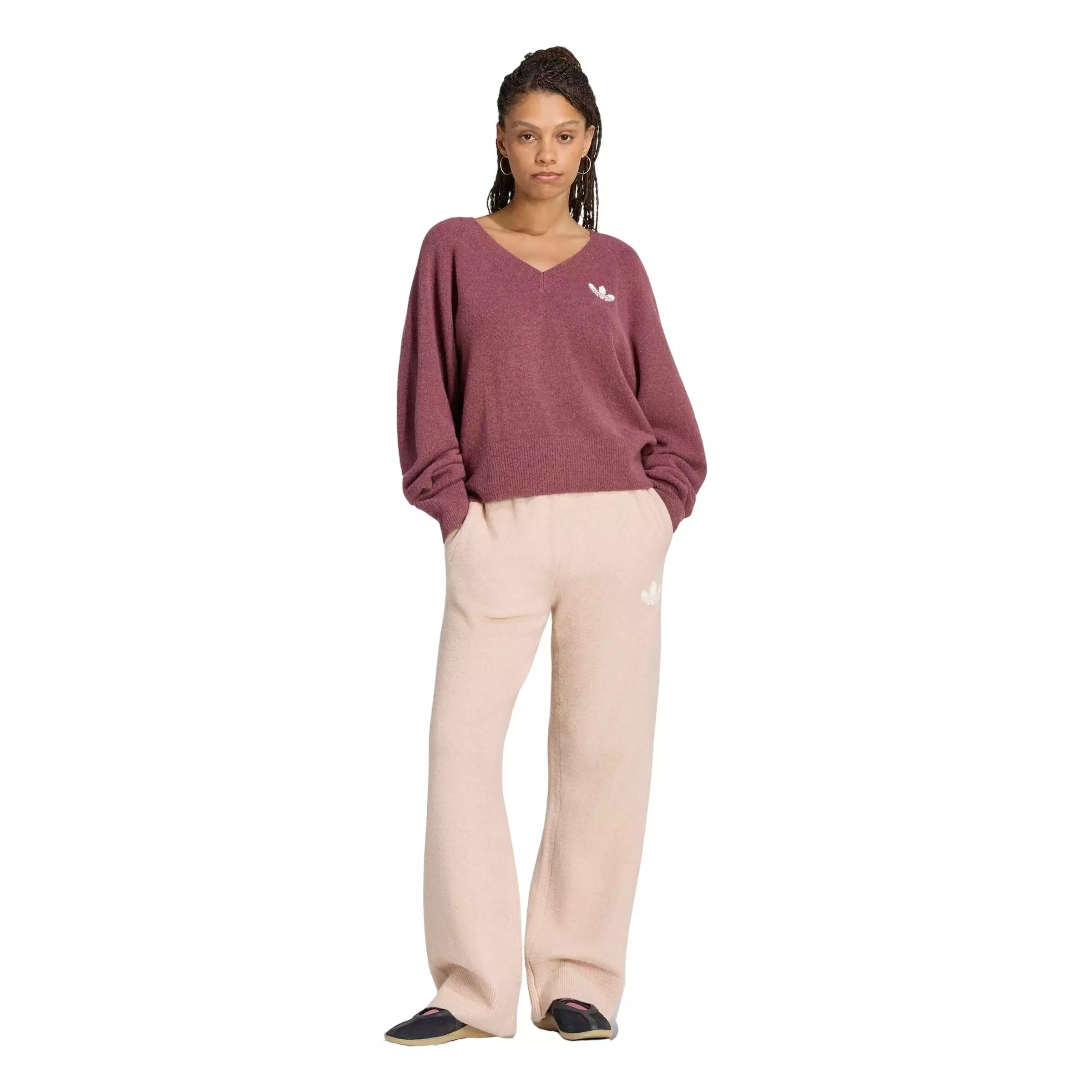 adidas Originals Women's Essentials Knit Long Sleeve V-Neck Sweater - Light Maroon - LIGHT MAROON