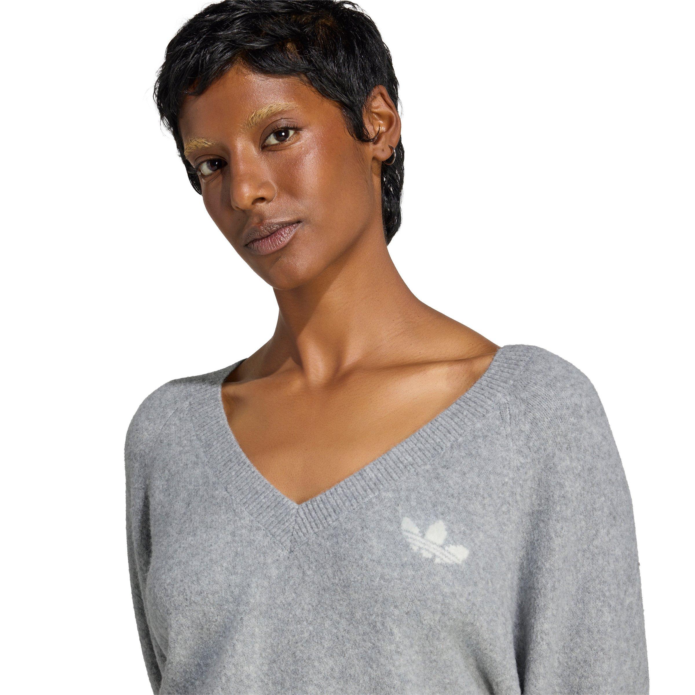 adidas Originals Women's Essentials Knit Long Sleeve V-Neck Sweater - Grey - GREY