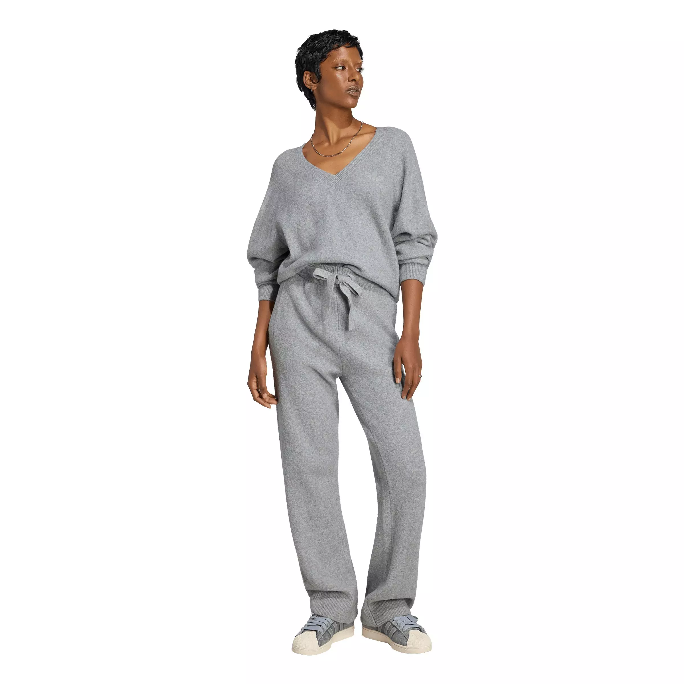 adidas Originals Women's Essentials Knit Long Sleeve V-Neck Sweater - Grey - GREY