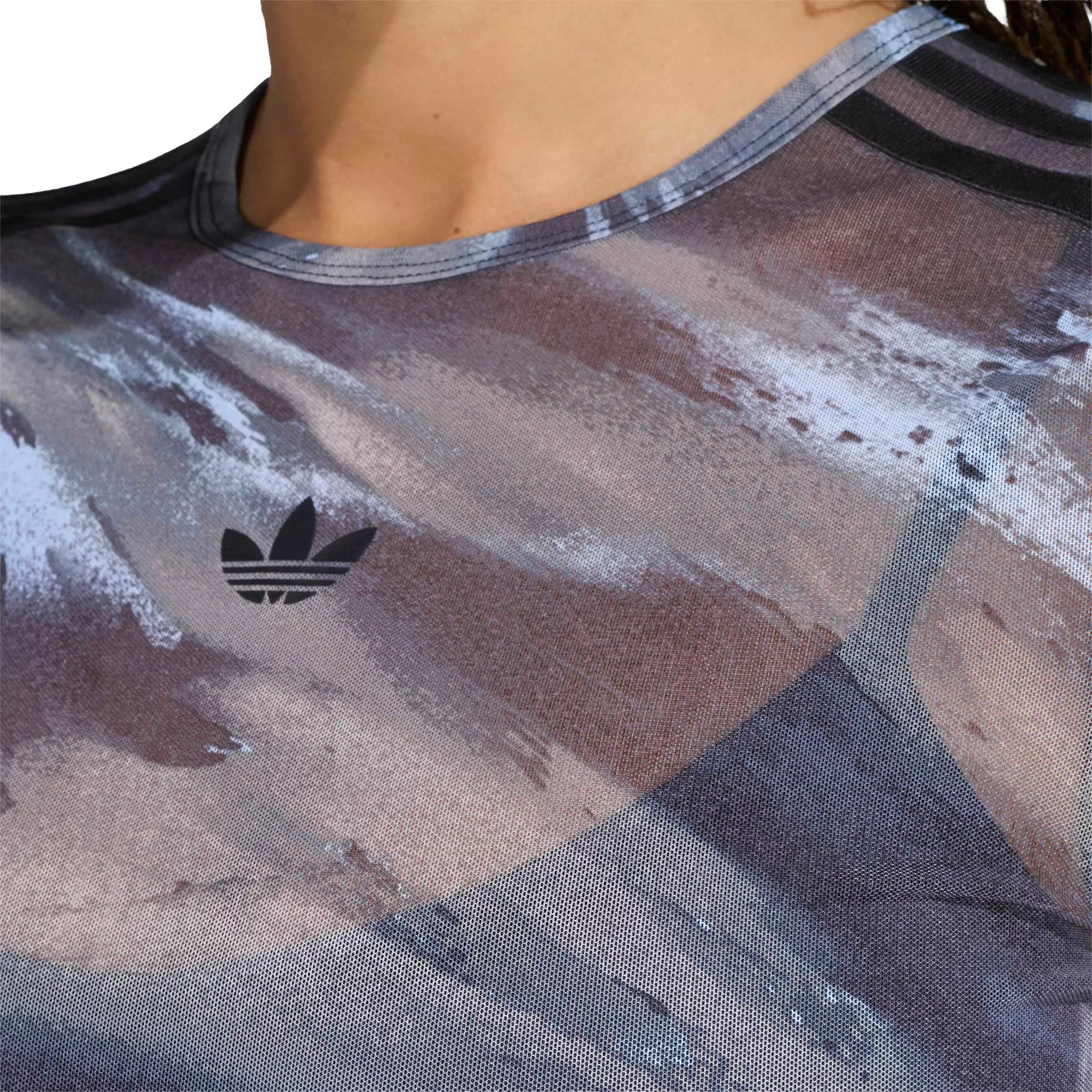 adidas Originals Women's All Over Print Graphic Mesh Shirt - Olive/Grey - OLIVE/ GREY