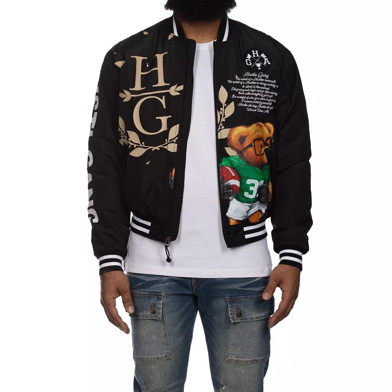 Hustle Gang Men's Falling Leaf Bomber Jacket-Black - BLACK