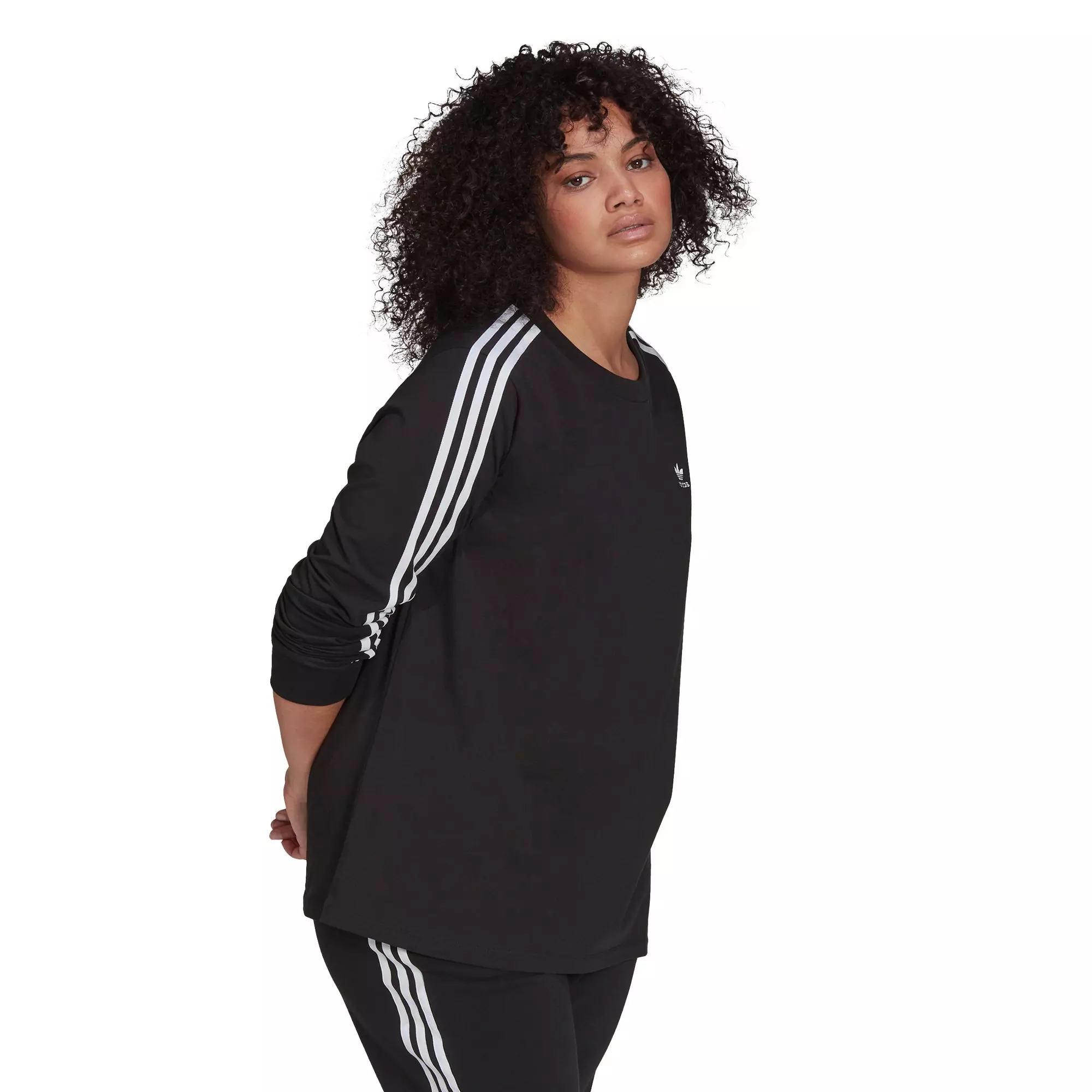 adidas Women's "Black" 3-Stripes Long Sleeve Tee (Plus Size) - BLACK