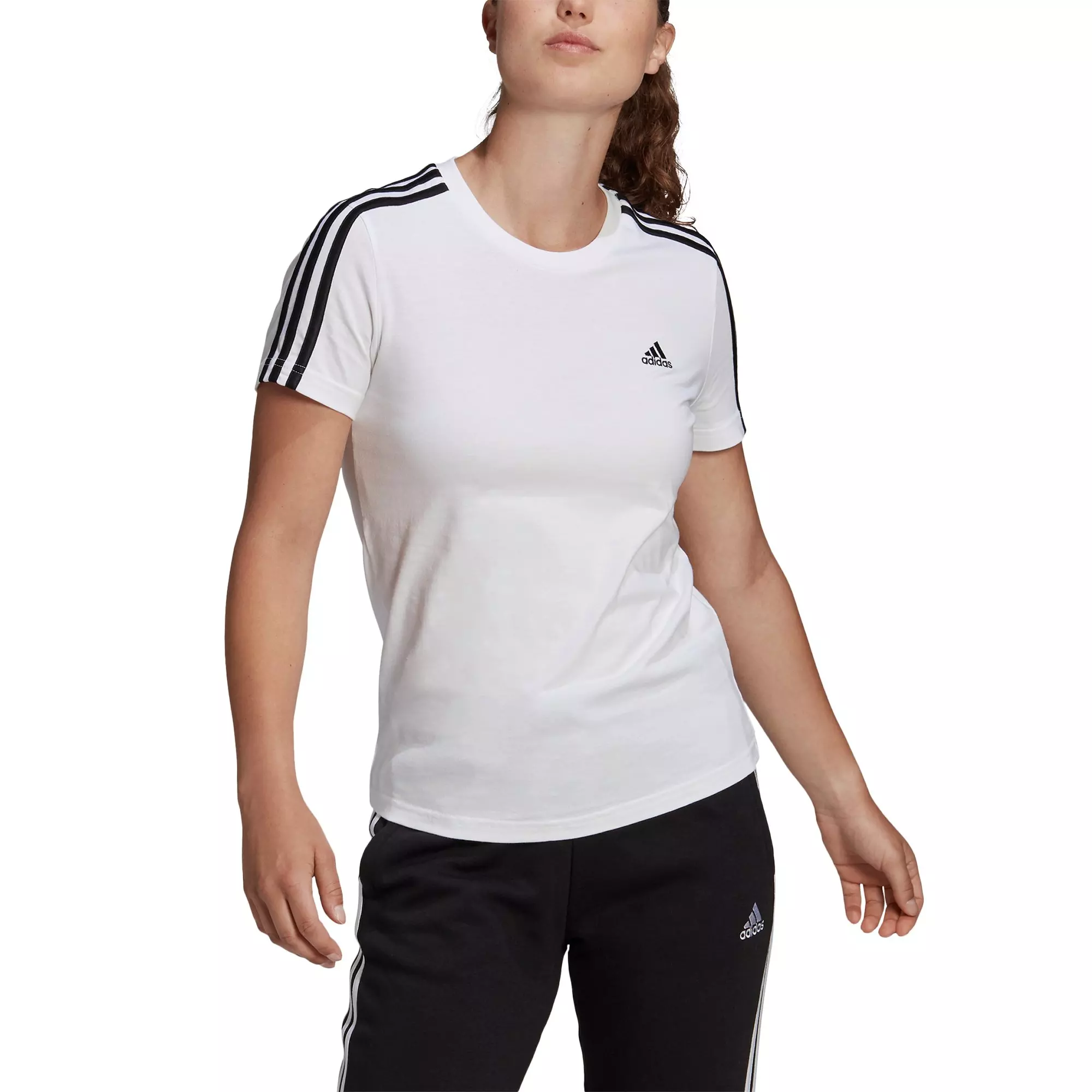 adidas Women's White LOUNGEWEAR Essentials Slim 3-Stripes Tee - WHITE/BLACK