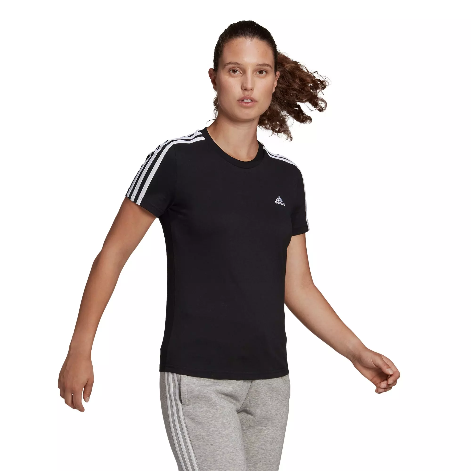 adidas Women's Black LOUNGEWEAR Essentials Slim 3-Stripes Tee - BLACK/WHITE