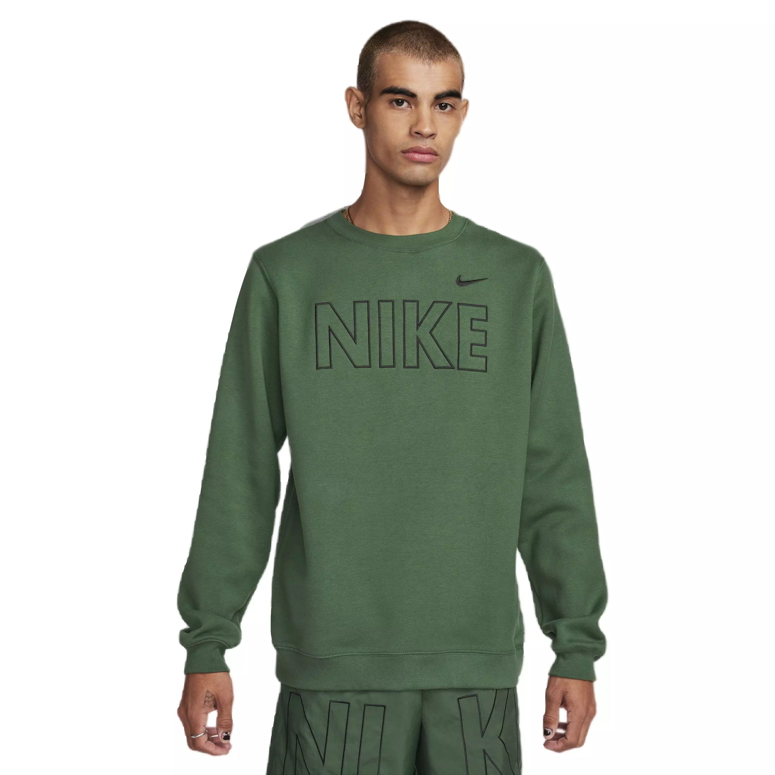 Nike Men's Sportswear Club Fleece Crew-Neck Sweatshirt -Green/Black - GREEN/BLACK