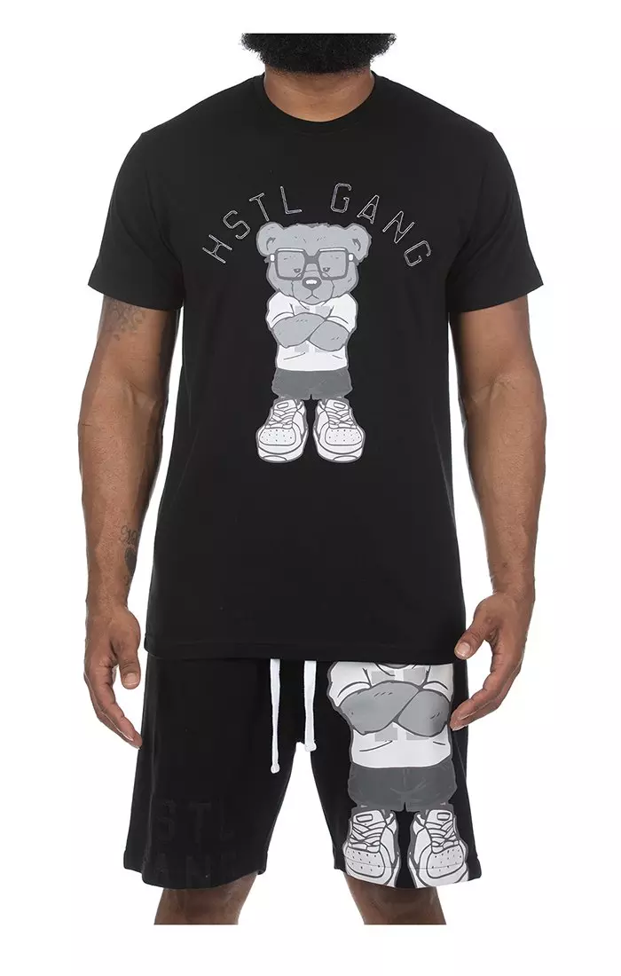 Hustle Gang Men's Laid Back Bear Short Sleeve Knit Tee - BLACK