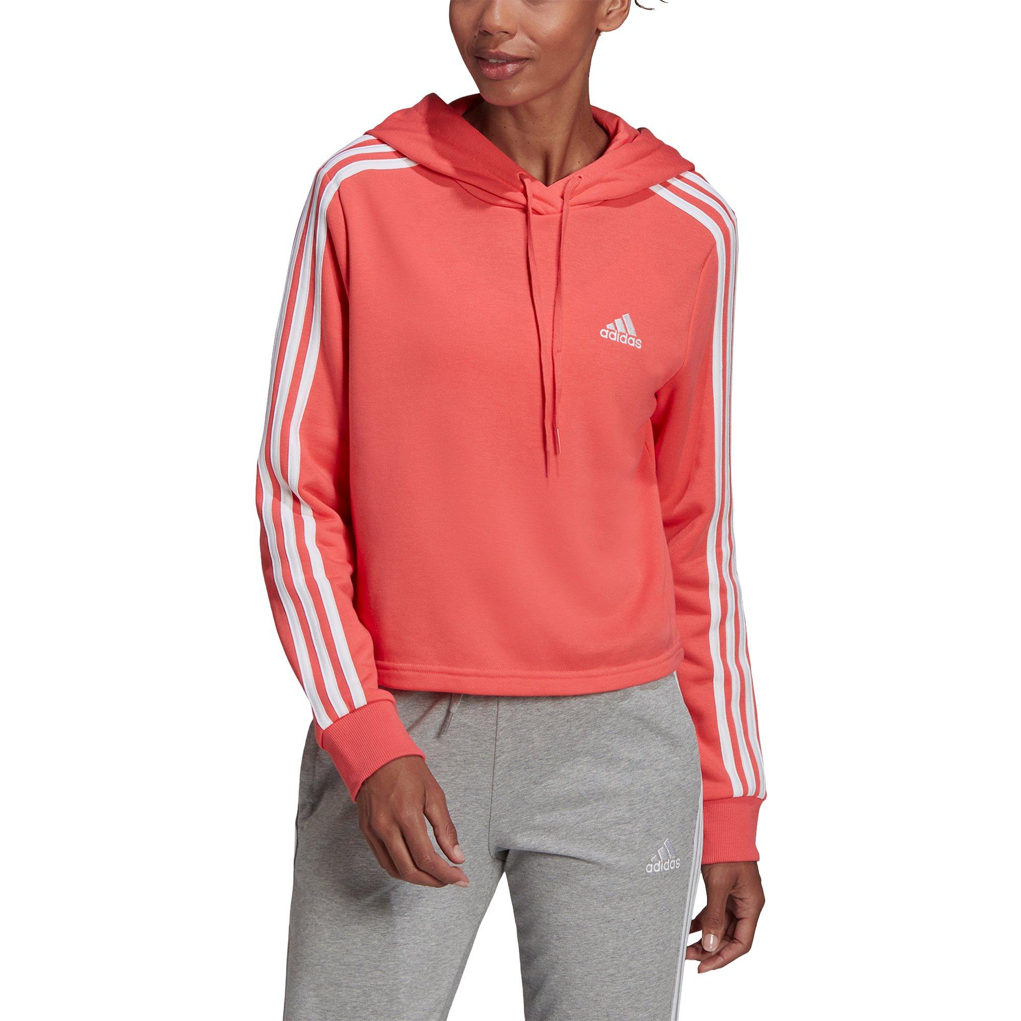 adidas Women s Essentials 3 Stripes Cropped Pink White Hoodie