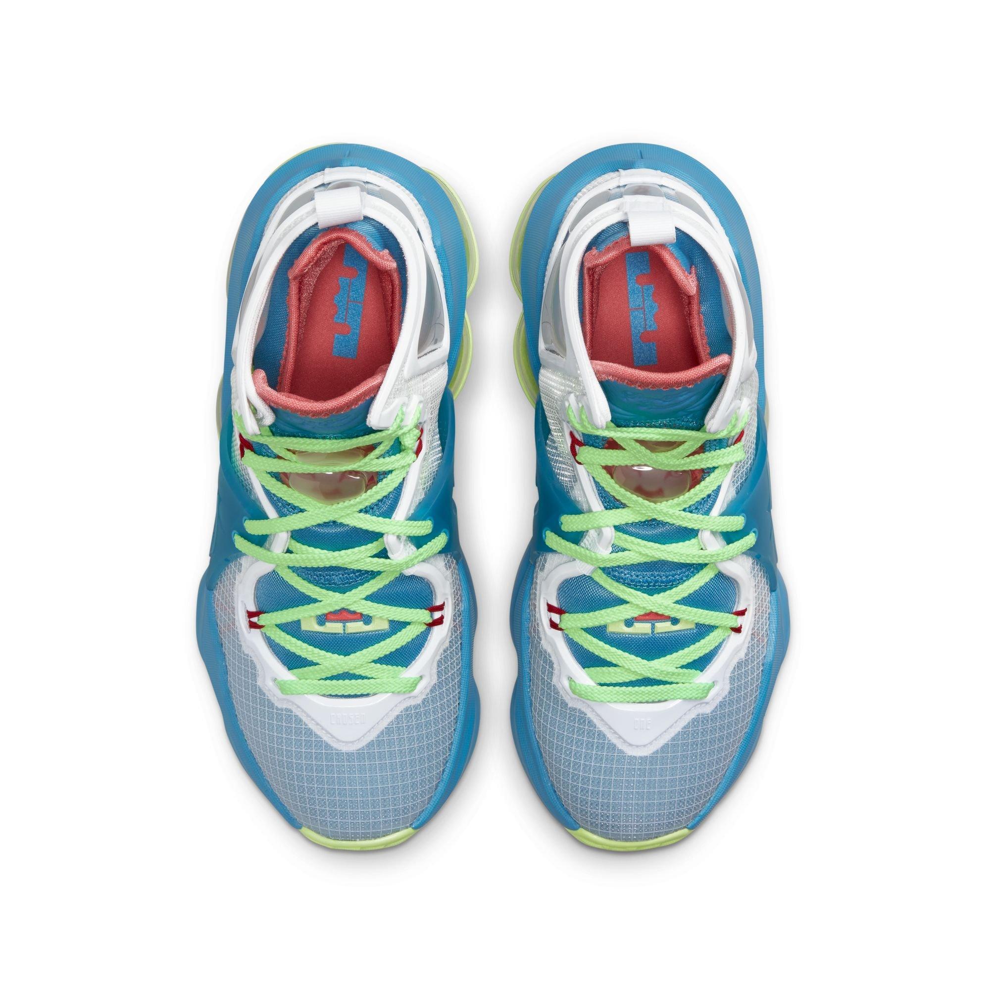 Nike LeBron 19 "Dutch Blue/Pomegranate/Lime Glow" Grade School Kids' Basketball Shoe - BLUE/RED Thumbnail View 9