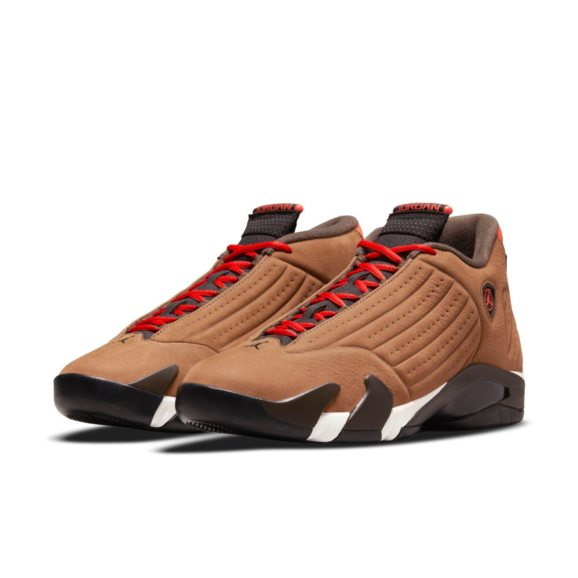 brown and red jordan 14