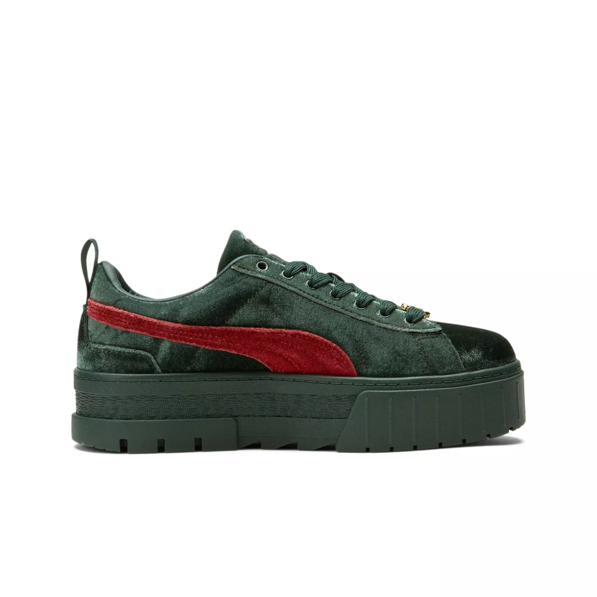 PUMA Mayze Velvet "Green Gables/Tibetan Red/Team Gold" Women's Shoe - BLACK