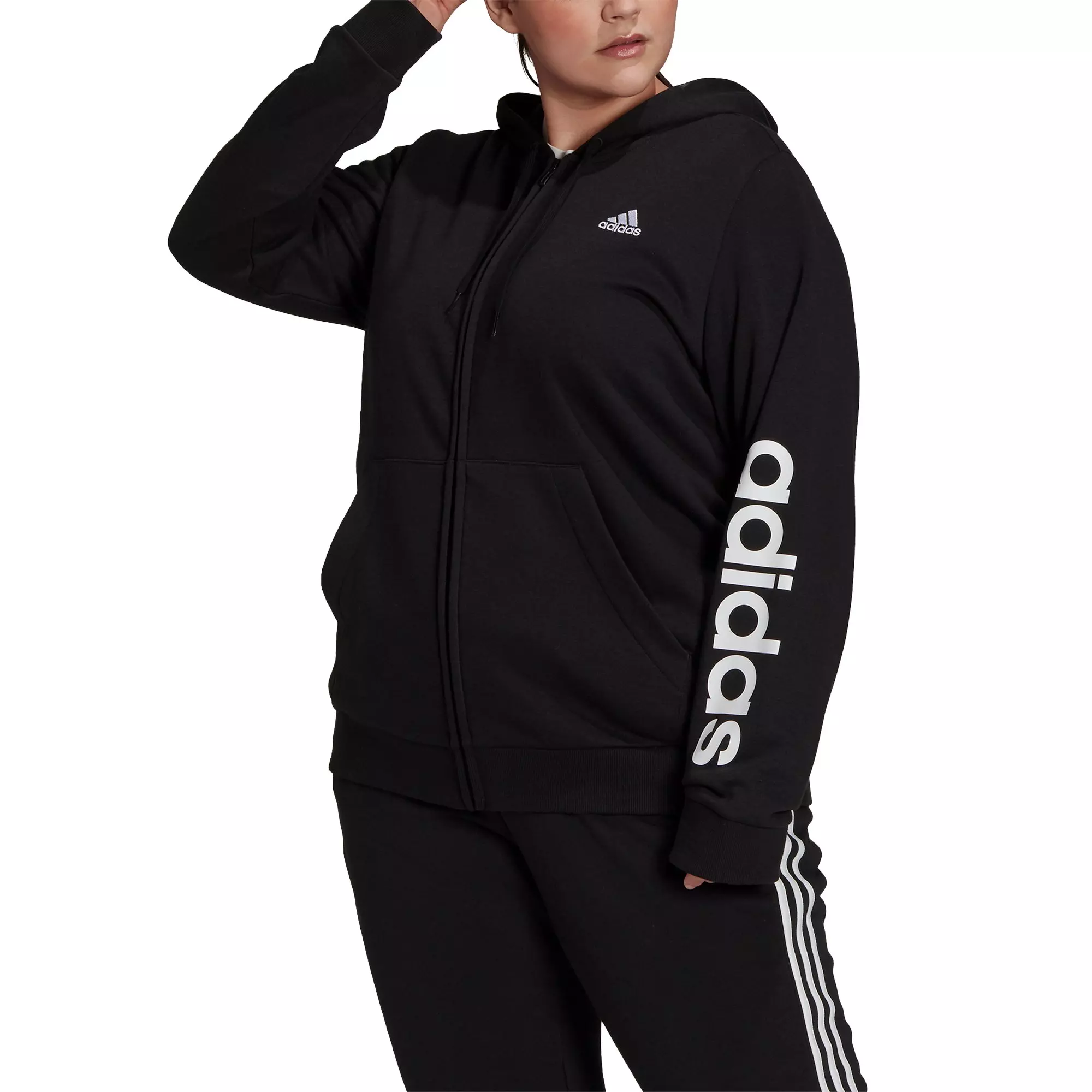 adidas Women's Essentials Logo Full-Zip Black/White Hoodie (Plus Size) - BLACK/WHITE