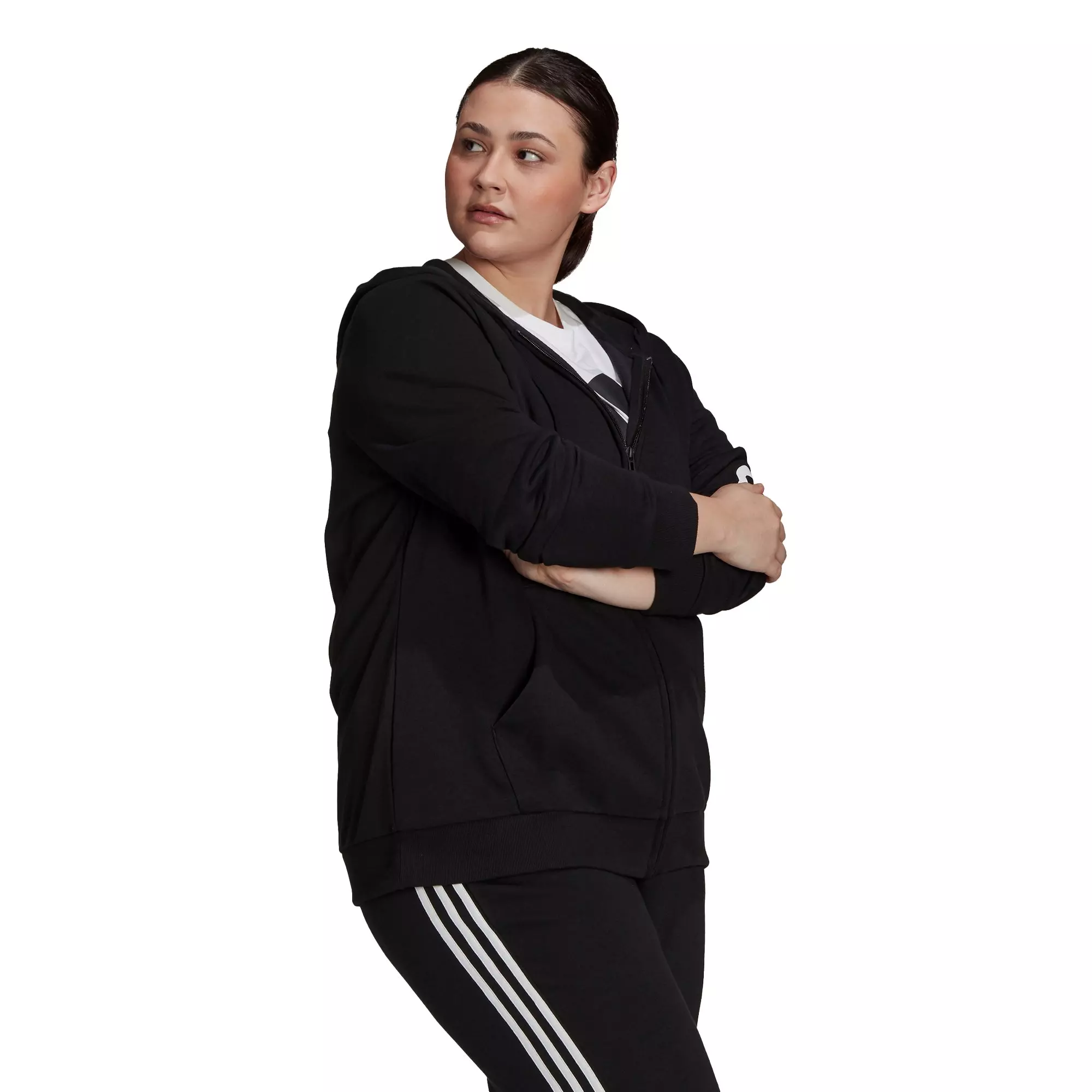 adidas Women's Essentials Logo Full-Zip Black/White Hoodie (Plus Size) - BLACK/WHITE