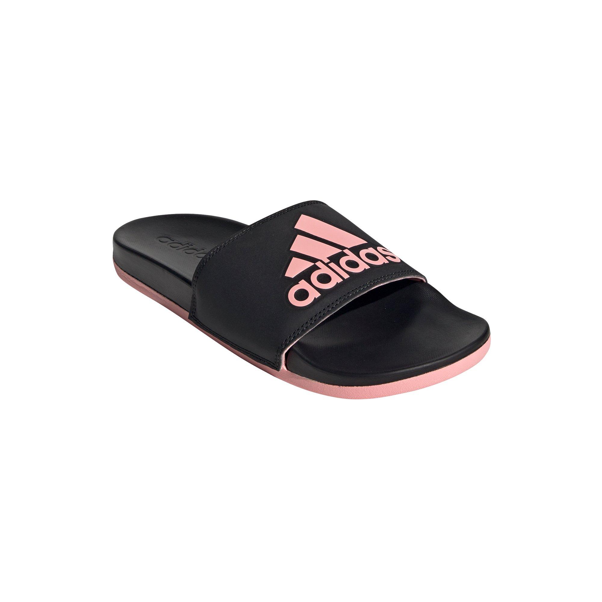 black and pink adidas slides