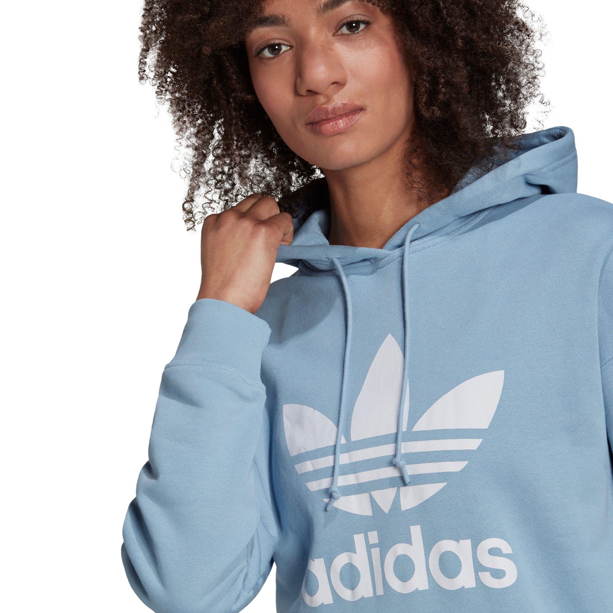 Adidas trefoil discount hoodie light blue