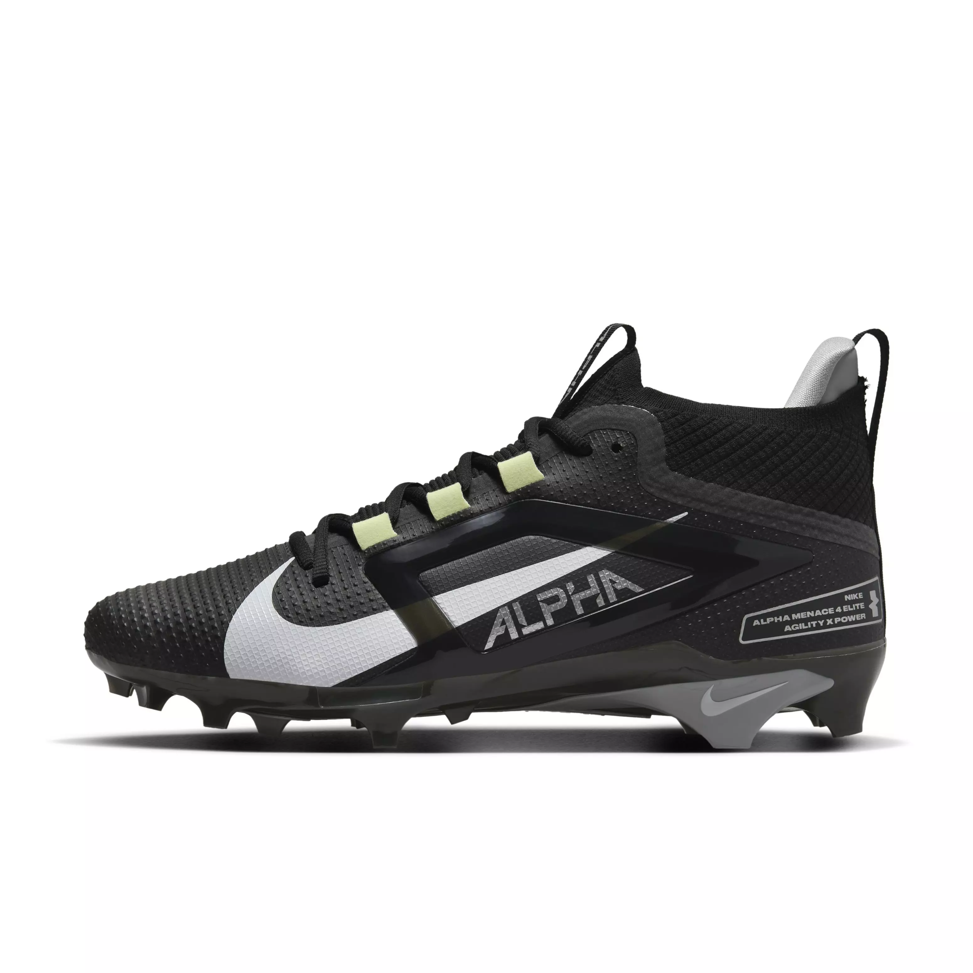 Nike Alpha Menace 4 Elite "Black/Light Smoke Grey/Metallic Silver/White" Men's Football Cleat - BLACK/LT GREY/SILVER/WHITE