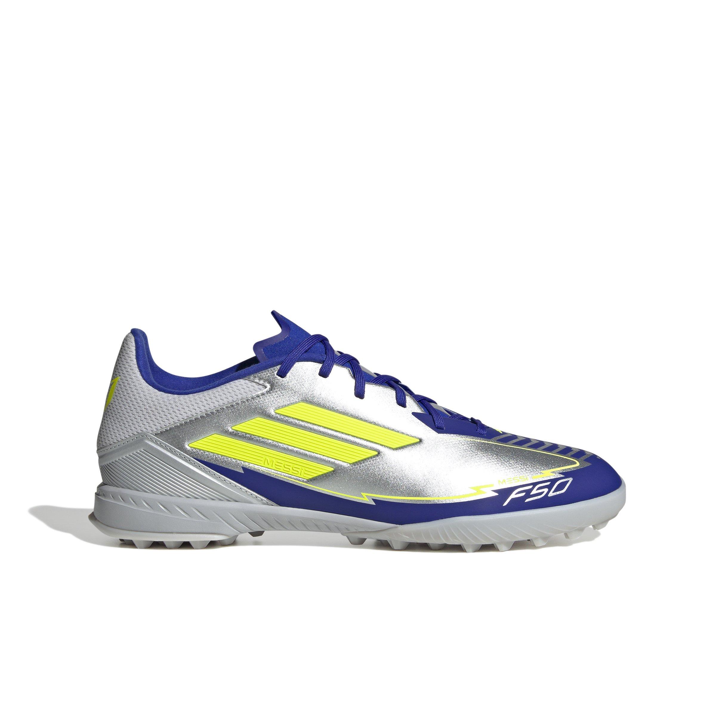 adidas F50 League Messi Turf "Silver Metallic/Solar Yellow/Lucid Blue" Unisex Soccer Shoe - SILVER/YELLOW/BLUE Thumbnail View 1