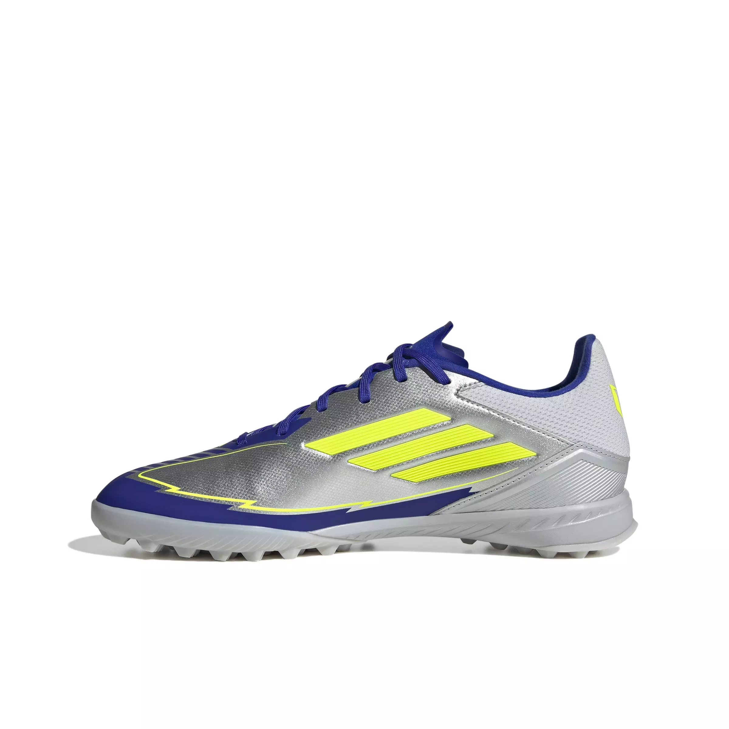 adidas F50 League Messi Turf "Silver Metallic/Solar Yellow/Lucid Blue" Unisex Soccer Shoe - SILVER/YELLOW/BLUE