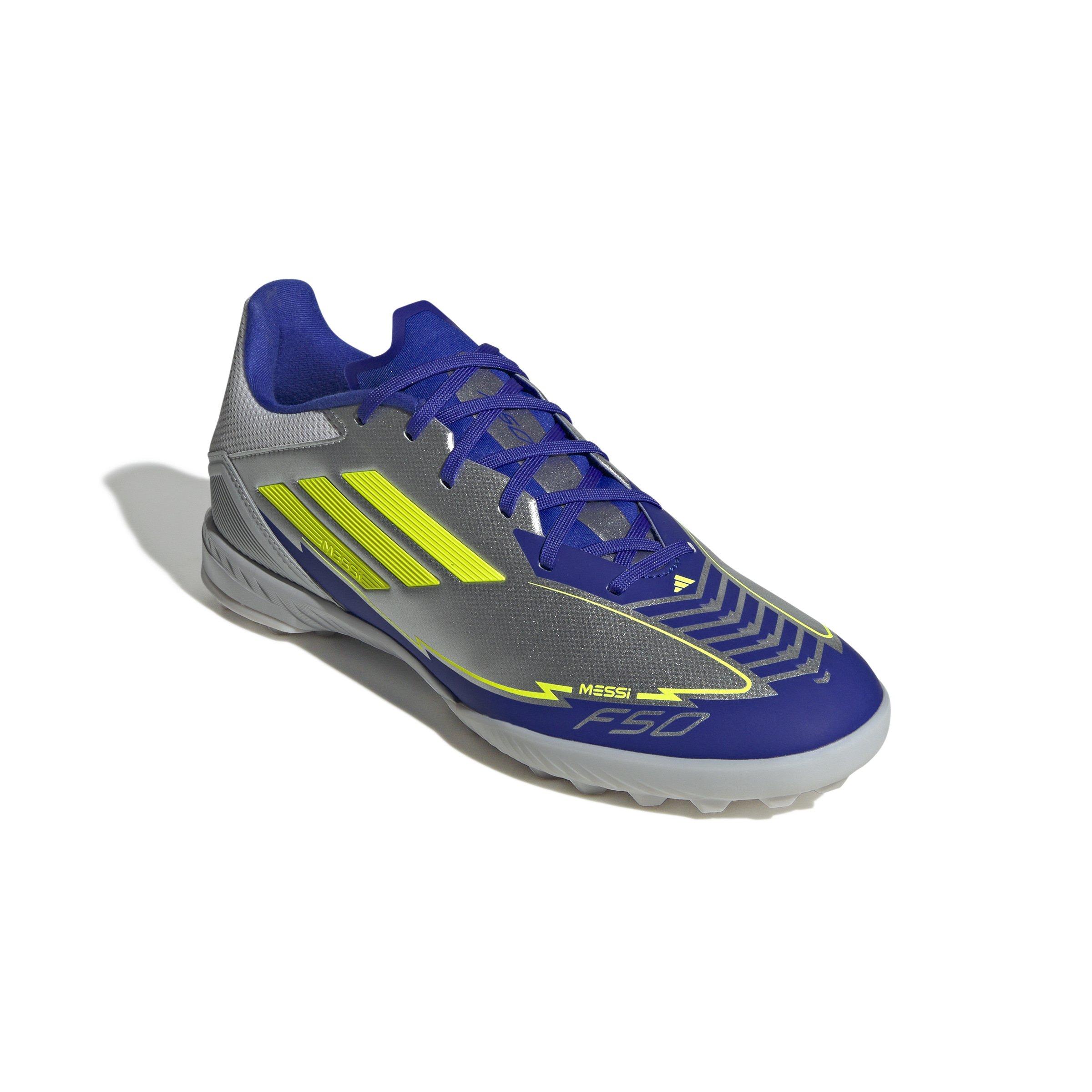 adidas F50 League Messi Turf "Silver Metallic/Solar Yellow/Lucid Blue" Unisex Soccer Shoe - SILVER/YELLOW/BLUE Thumbnail View 3