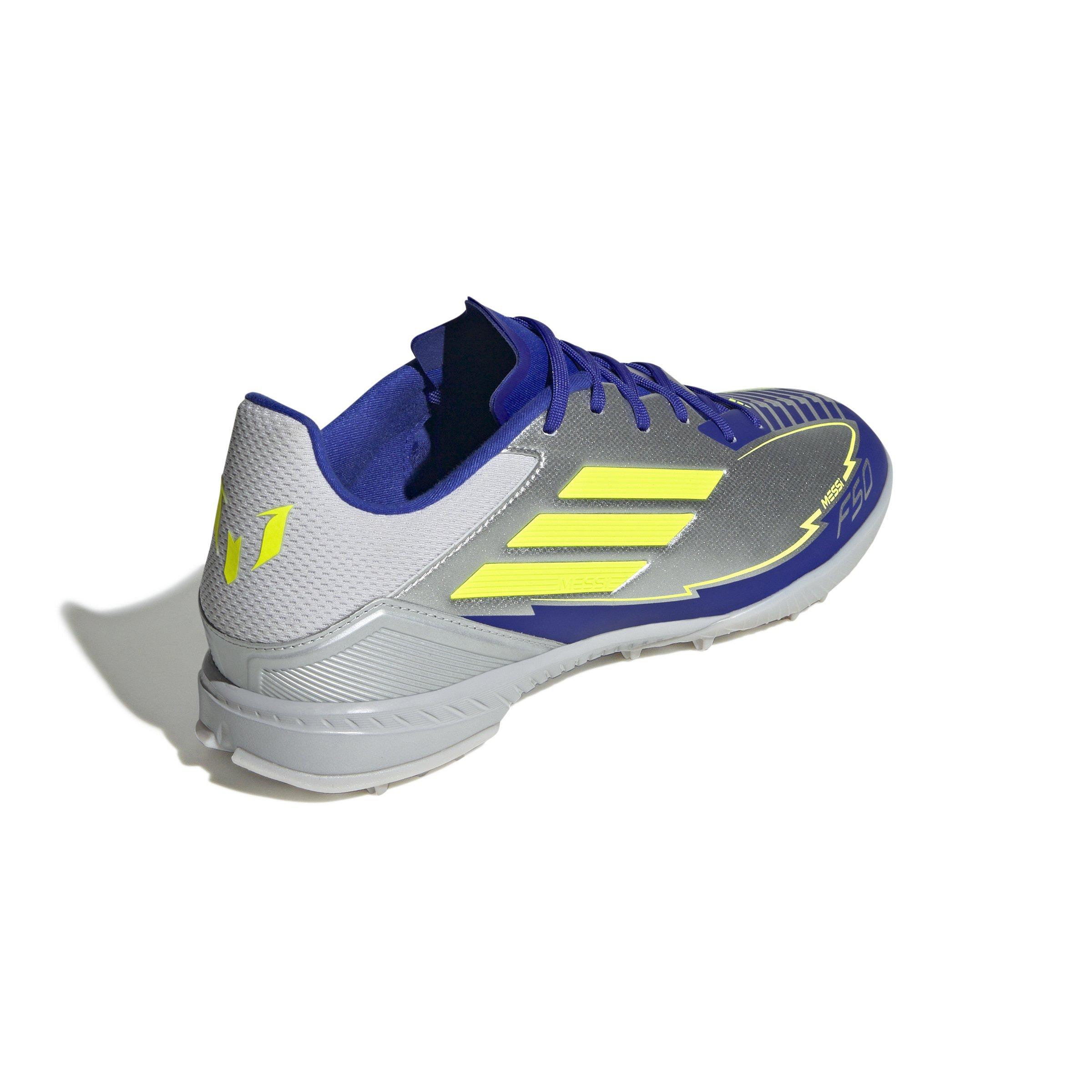 adidas F50 League Messi Turf "Silver Metallic/Solar Yellow/Lucid Blue" Unisex Soccer Shoe - SILVER/YELLOW/BLUE Thumbnail View 4